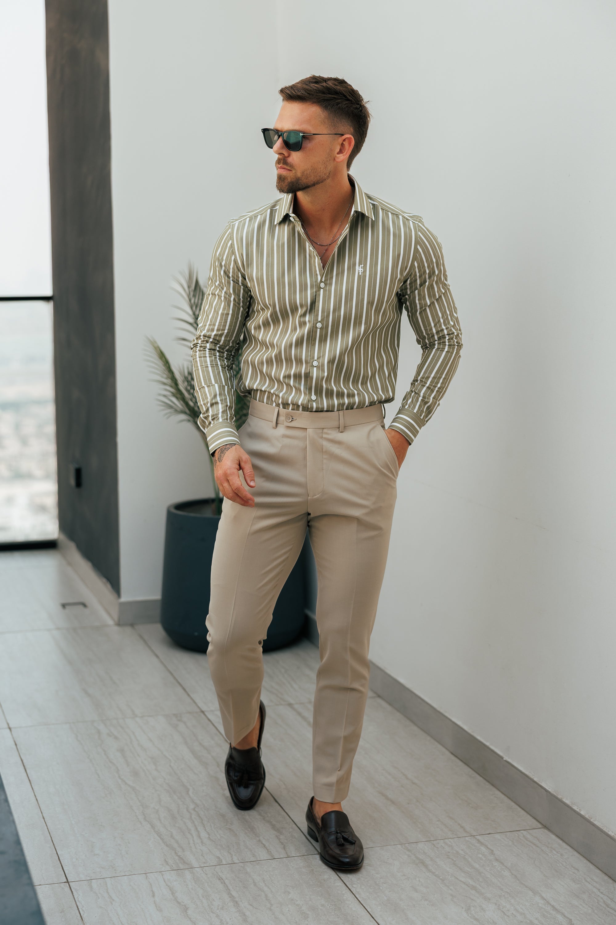 Classic Sage Green / White Stripe Long Sleeve with Cutaway Collar - FS1176 (PRE ORDER 18TH MARCH)