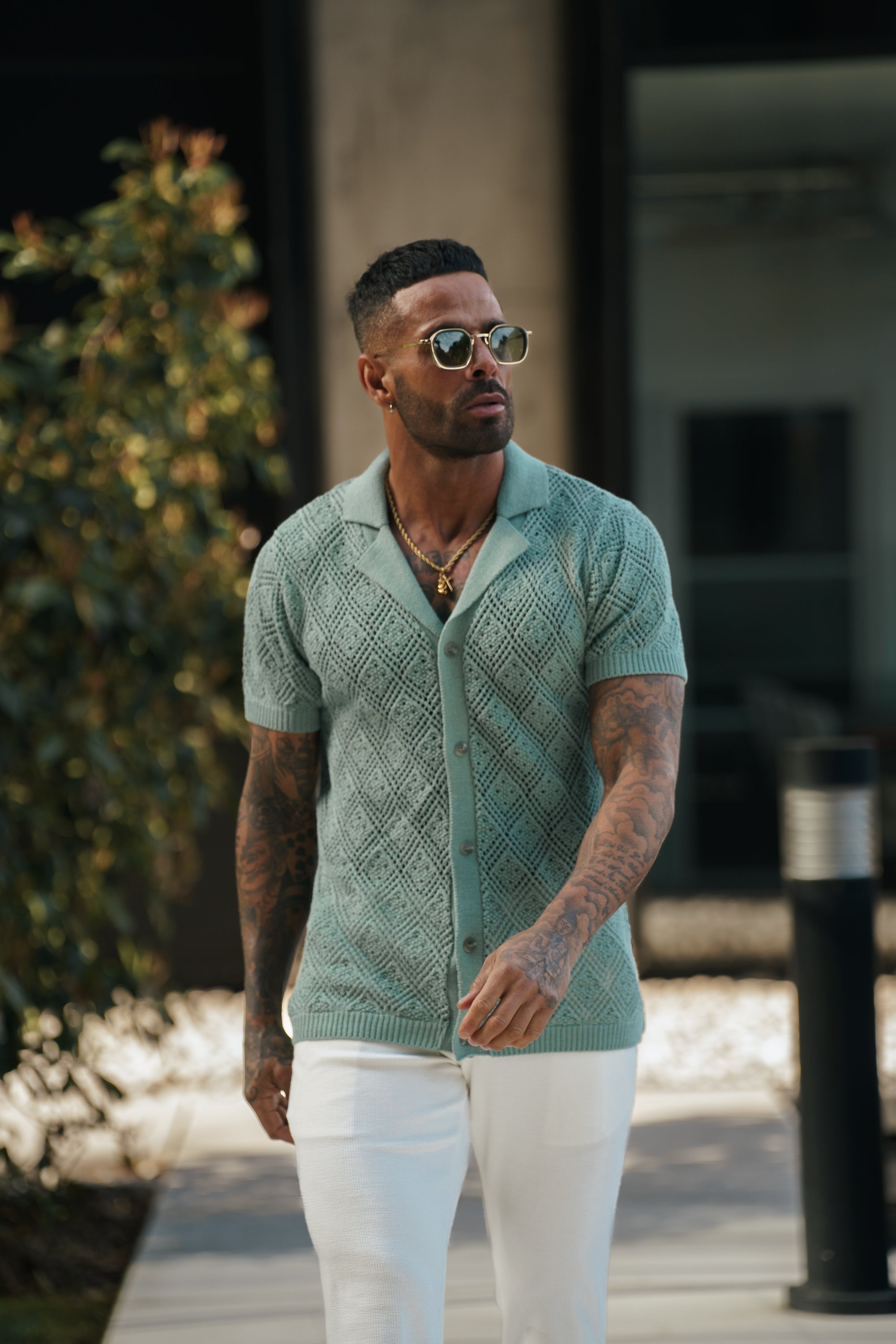 Crochet Shirt Light Green Short Sleeve - FSJ083