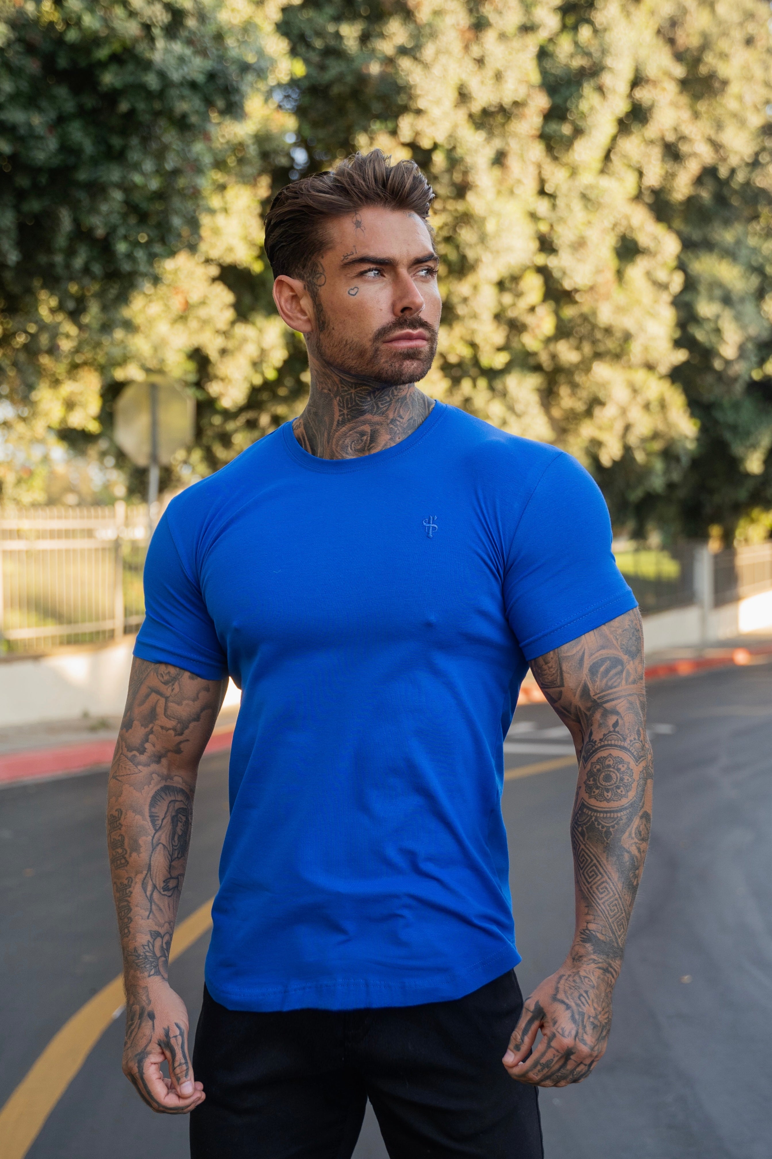 Classic Royal Blue Curved Hem Crew T Shirt - FSH1154