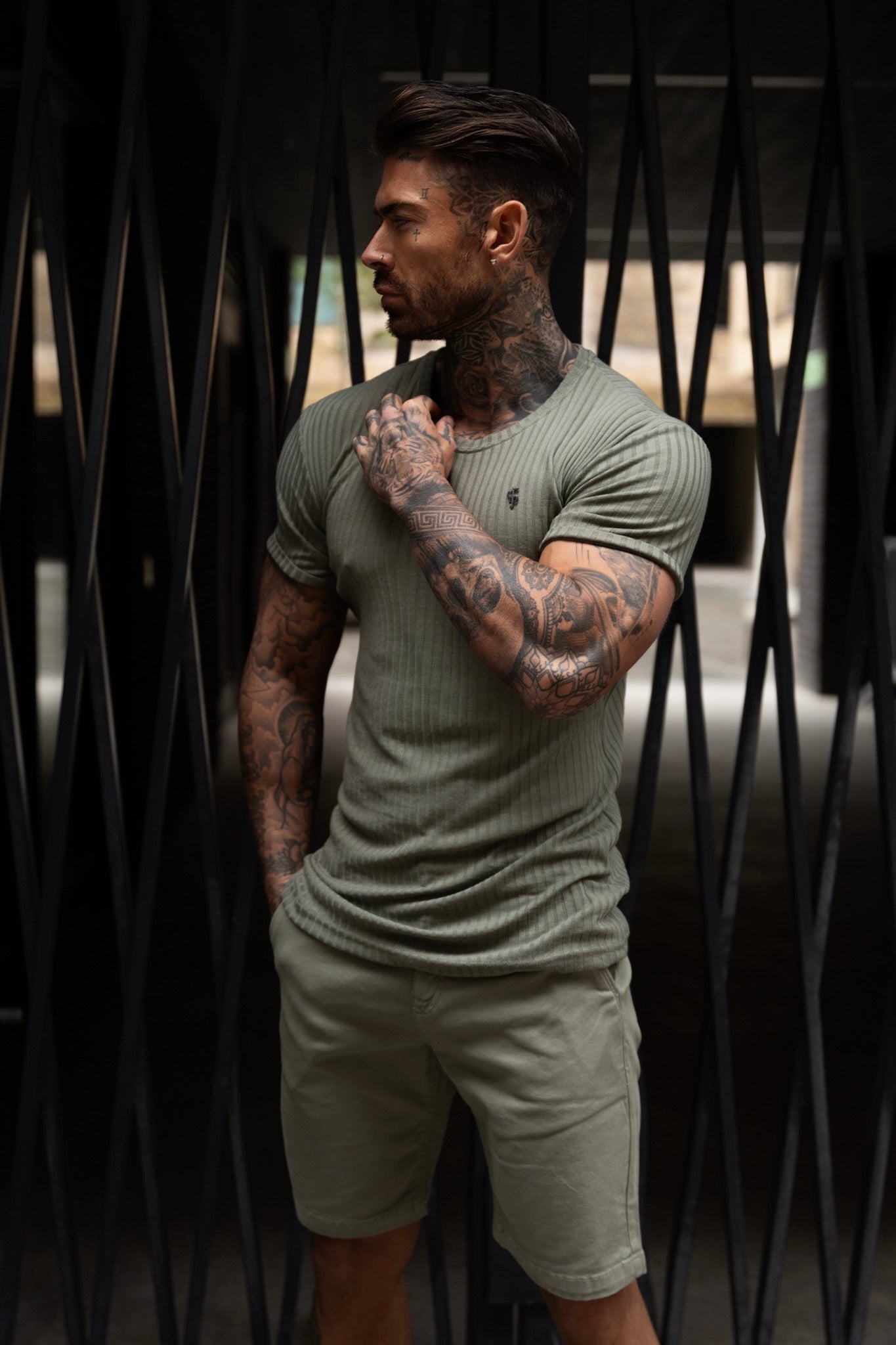 Classic Olive / Black Ribbed Knit Super Slim Short Sleeve Crew - FSH1089