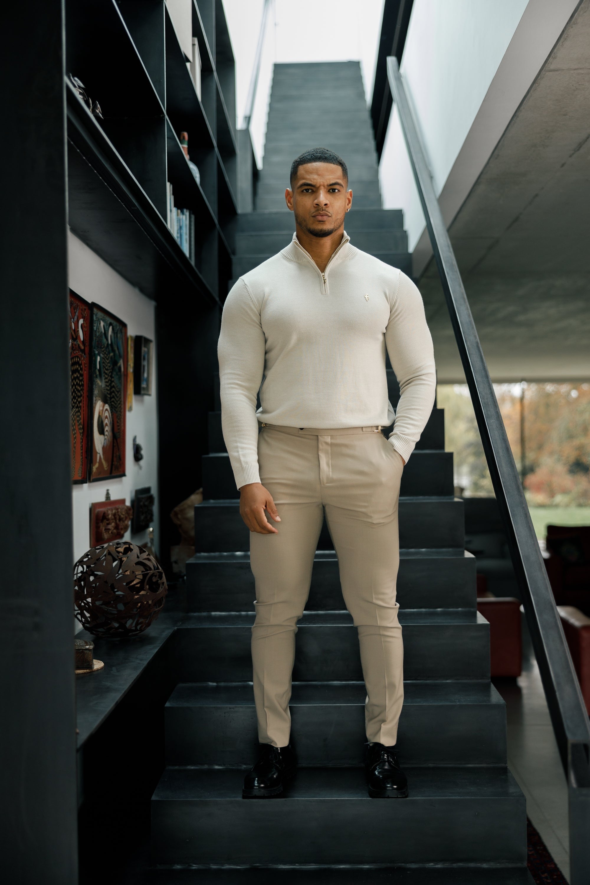 Beige Funnel Neck Knitted Jumper With FS Branding - FSN190