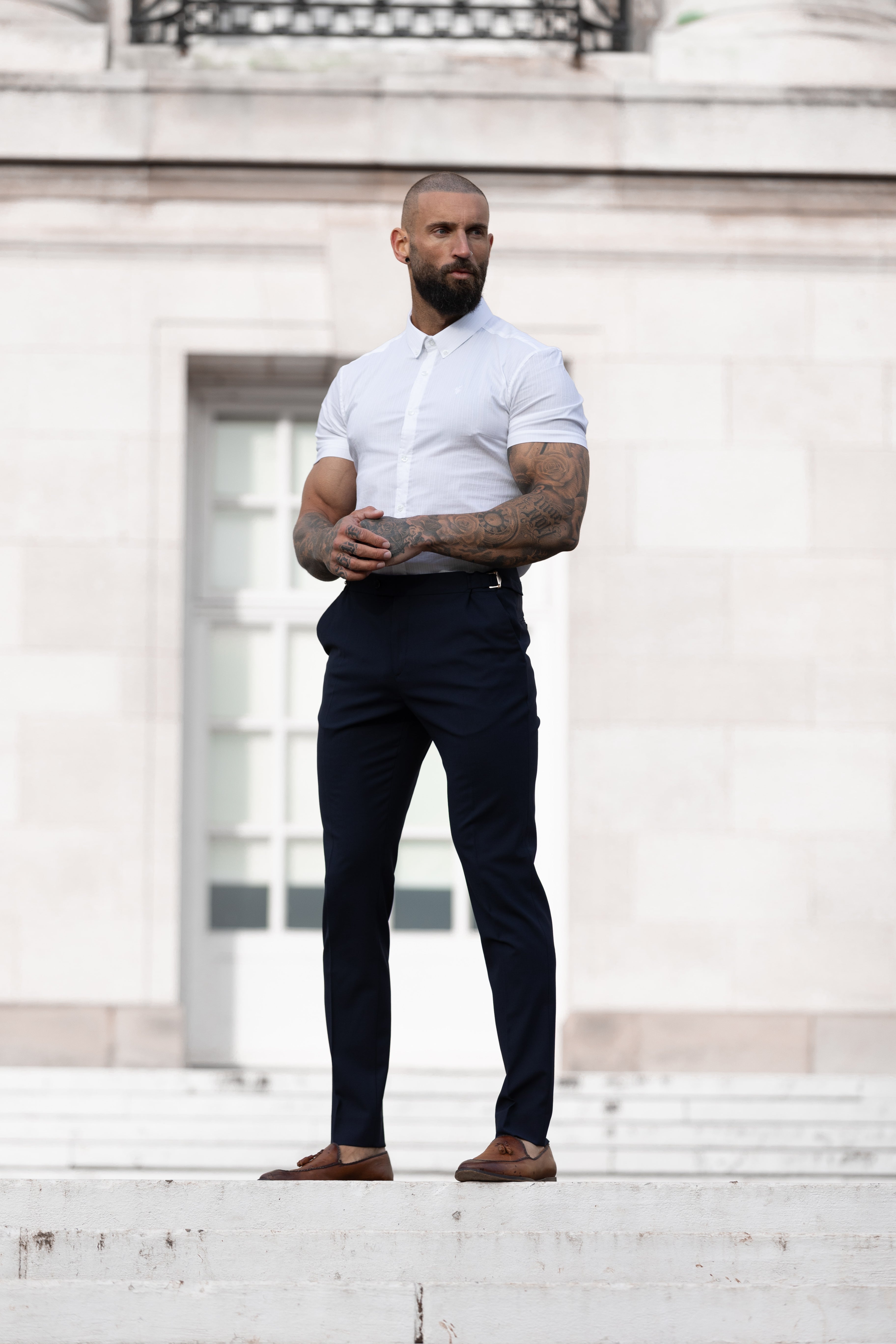 Super Slim Stretch White Self Woven Stripe Short Sleeve with Button Down Collar - FS988
