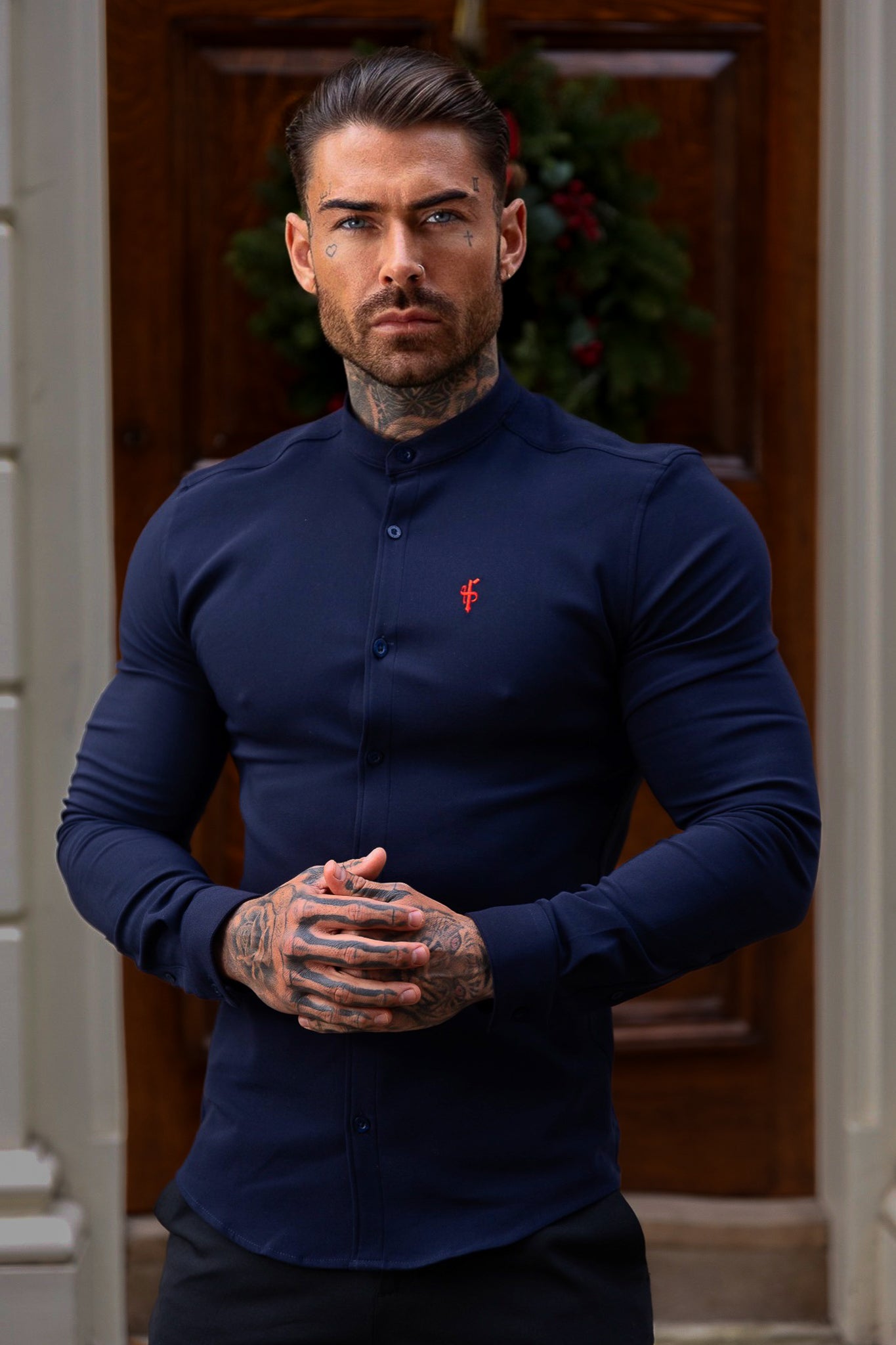Super Slim Scuba Navy / Red Long Sleeve Stretch with Grandad Collar - FS1000