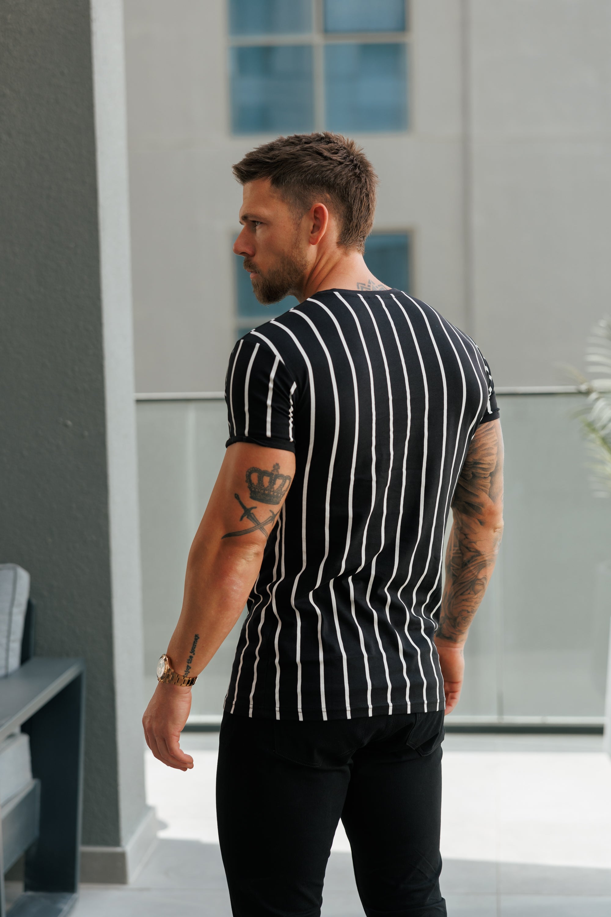 Printed Black / White Stripe Fitted T Shirt - FSH1167