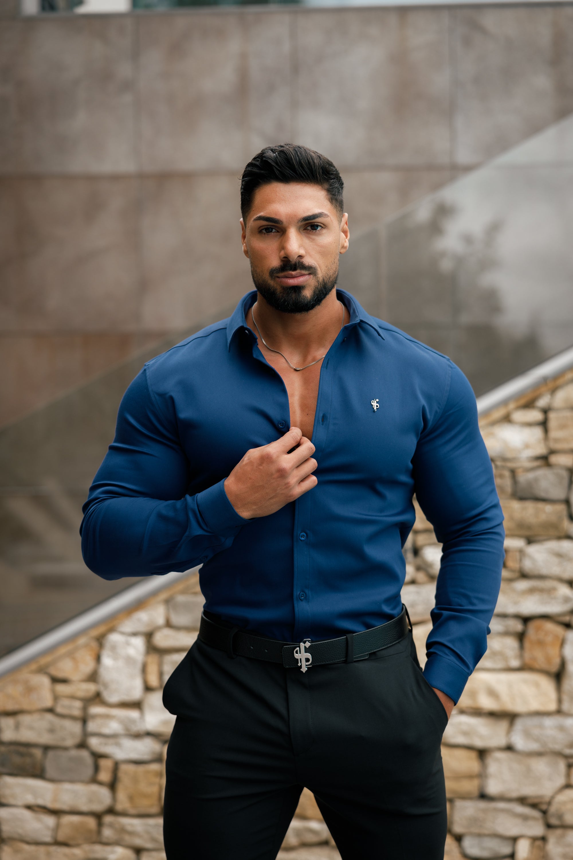 Super Slim Stretch Navy Denim Long Sleeve with Metal Decal Emblem - FS636