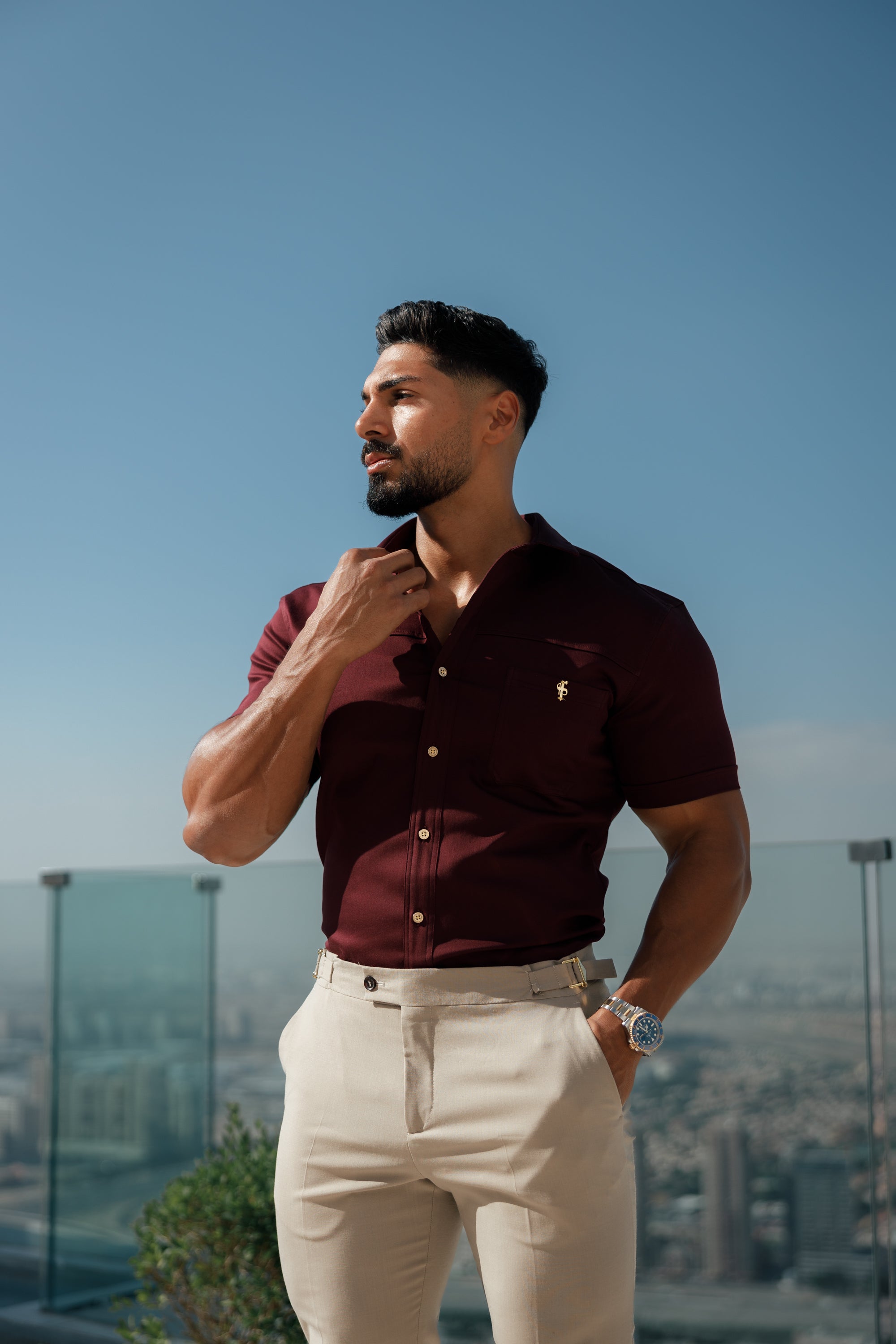 Super Slim Stretch Burgundy Denim Short Sleeve with Horizontal Seam and Pocket- FS961