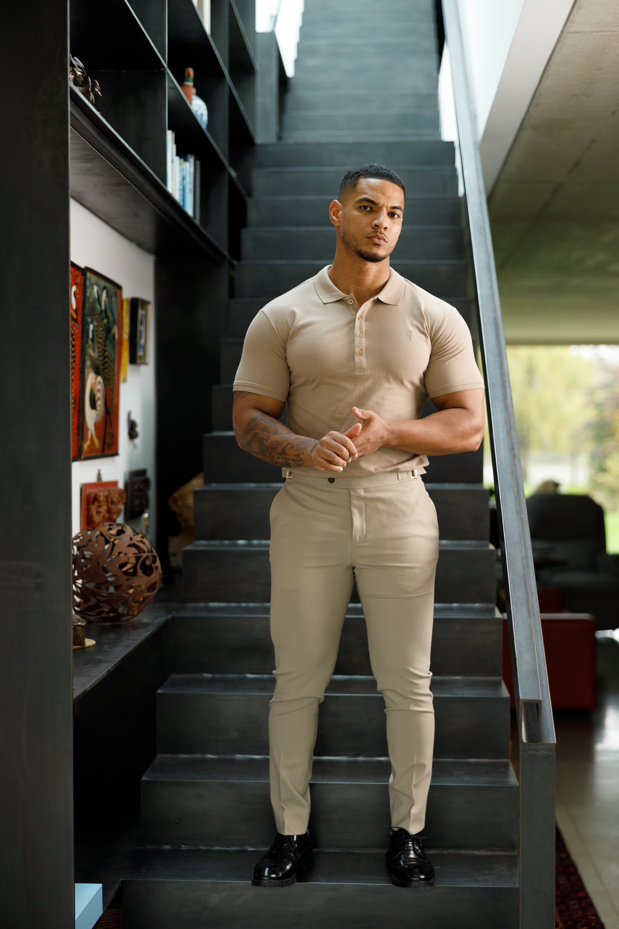 Classic Taupe Polo Shirt with Tonal Button and Embroidery - FSH913