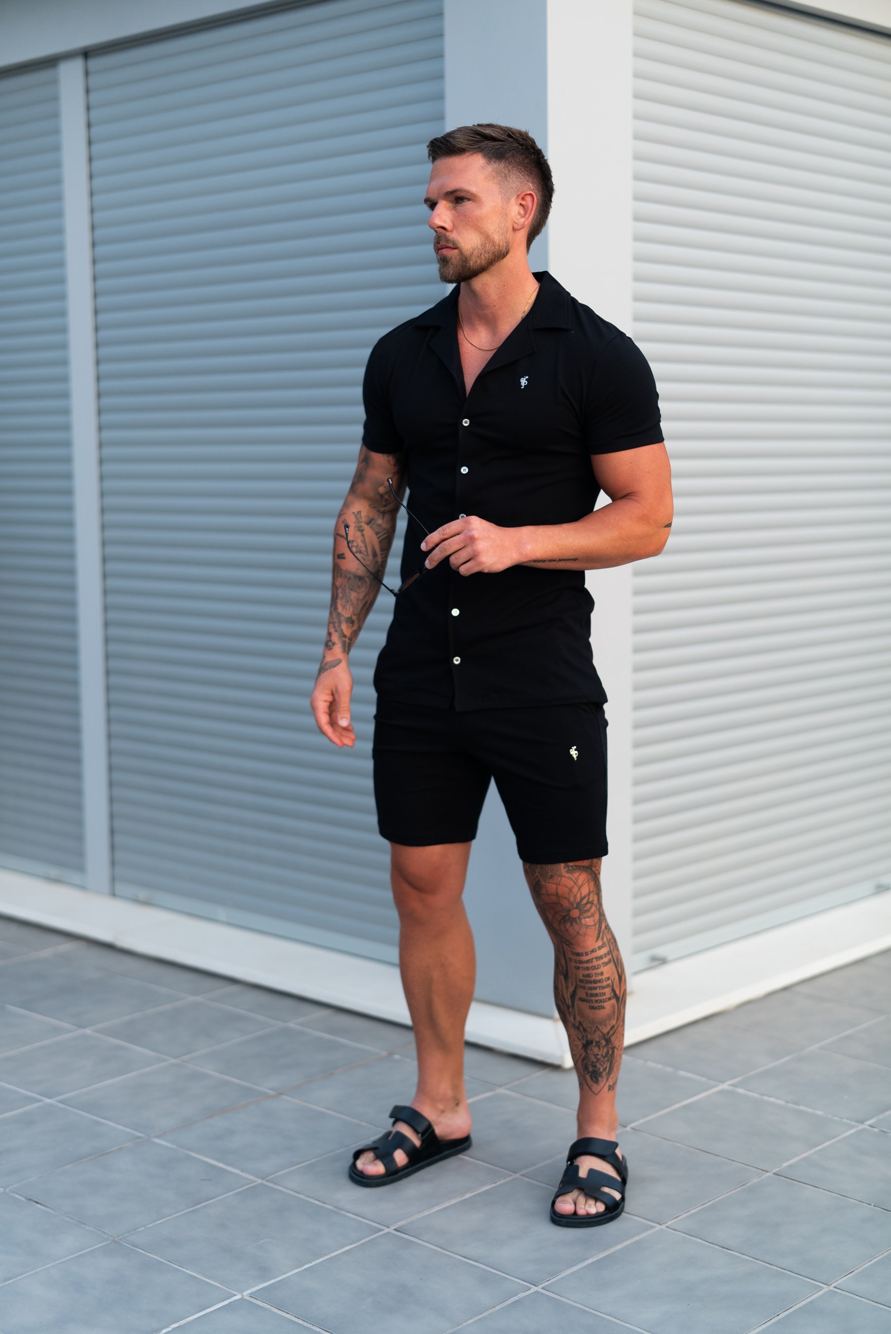 Stretch Black / Silver Pique Revere Shirt Short Sleeve - FSH1355