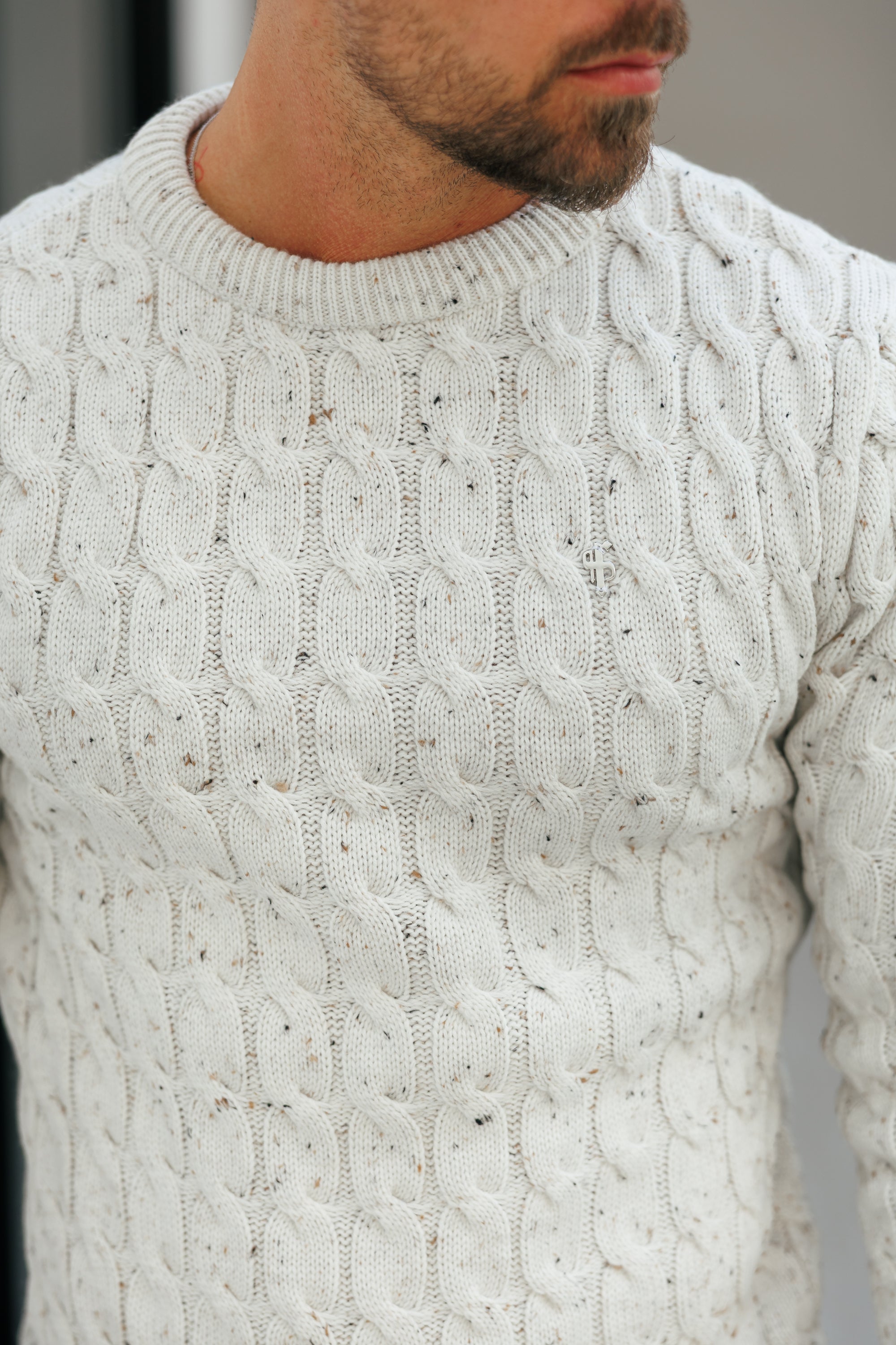 Link Weave Knit Beige Fleck Crew Neck Jumper - FSJ128