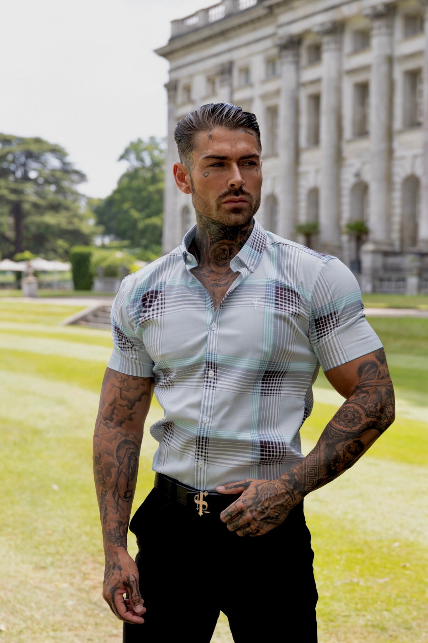 Super Slim Stretch Aqua Check Print Short Sleeve with Button Down Collar - FS915