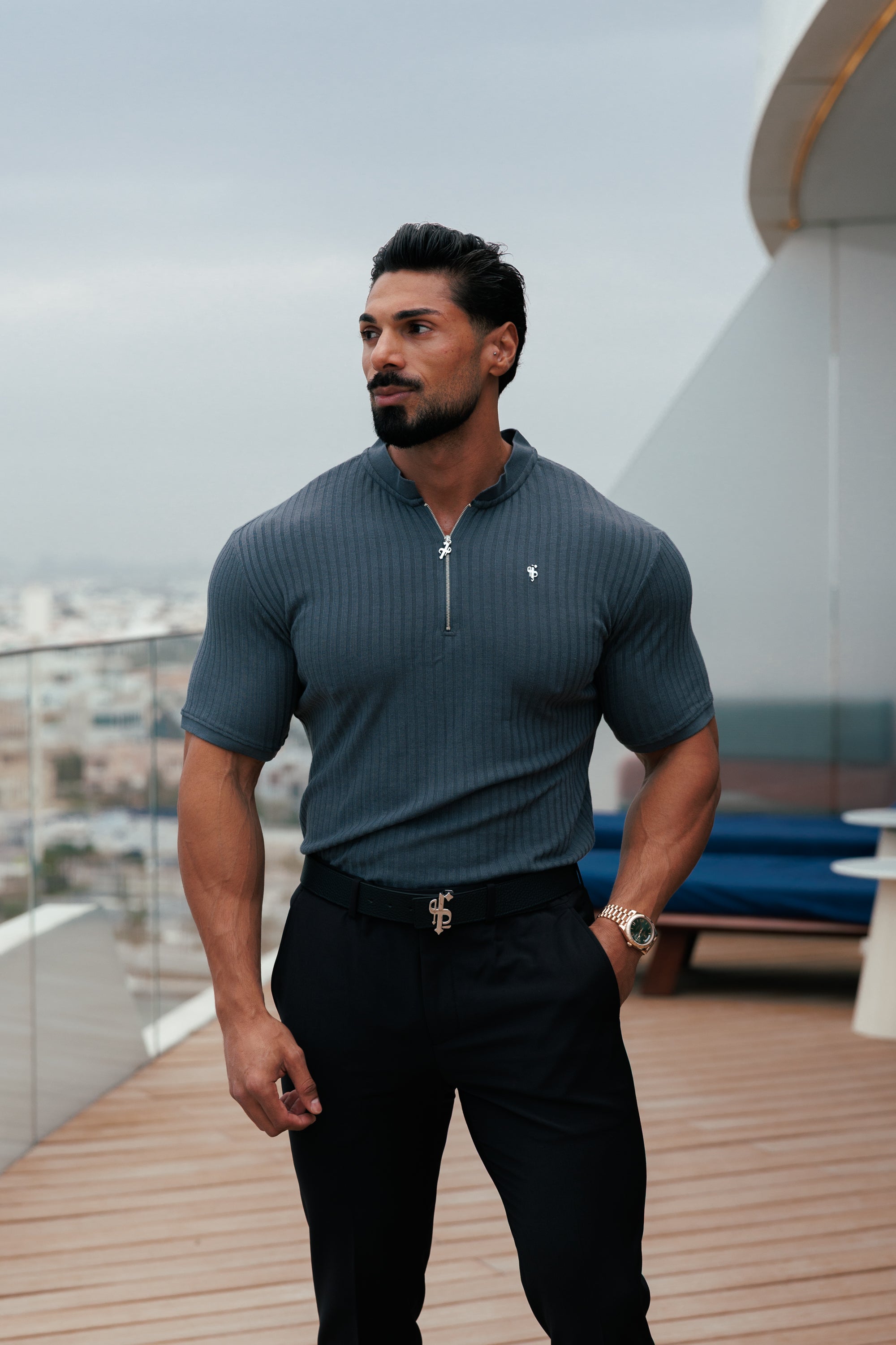 Classic Charcoal / Silver Ribbed Zip Grandad Collar Shirt Short Sleeve - FSH1448