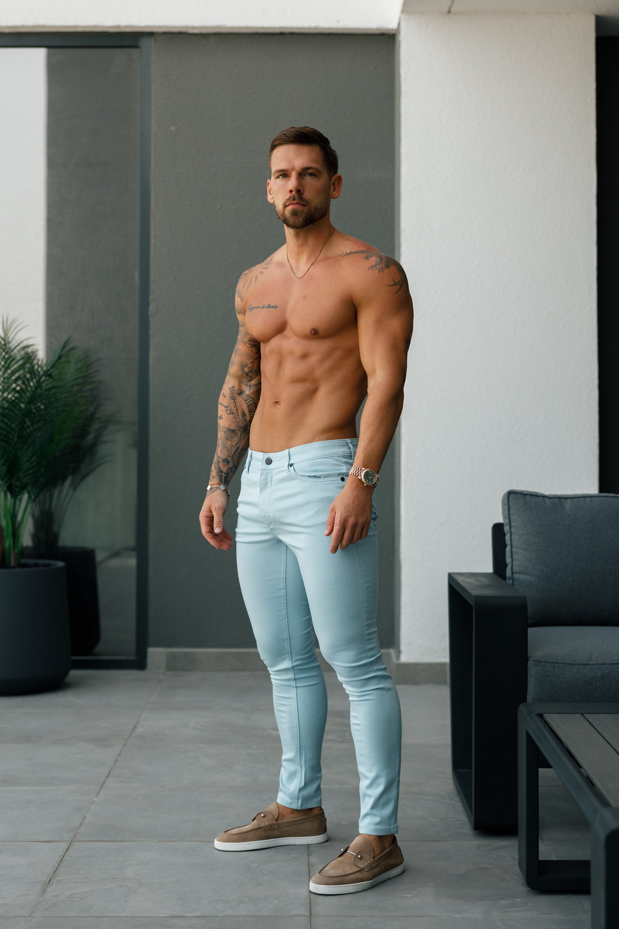 Slim Stretch Pale Blue Sateen Trousers - FSH1147