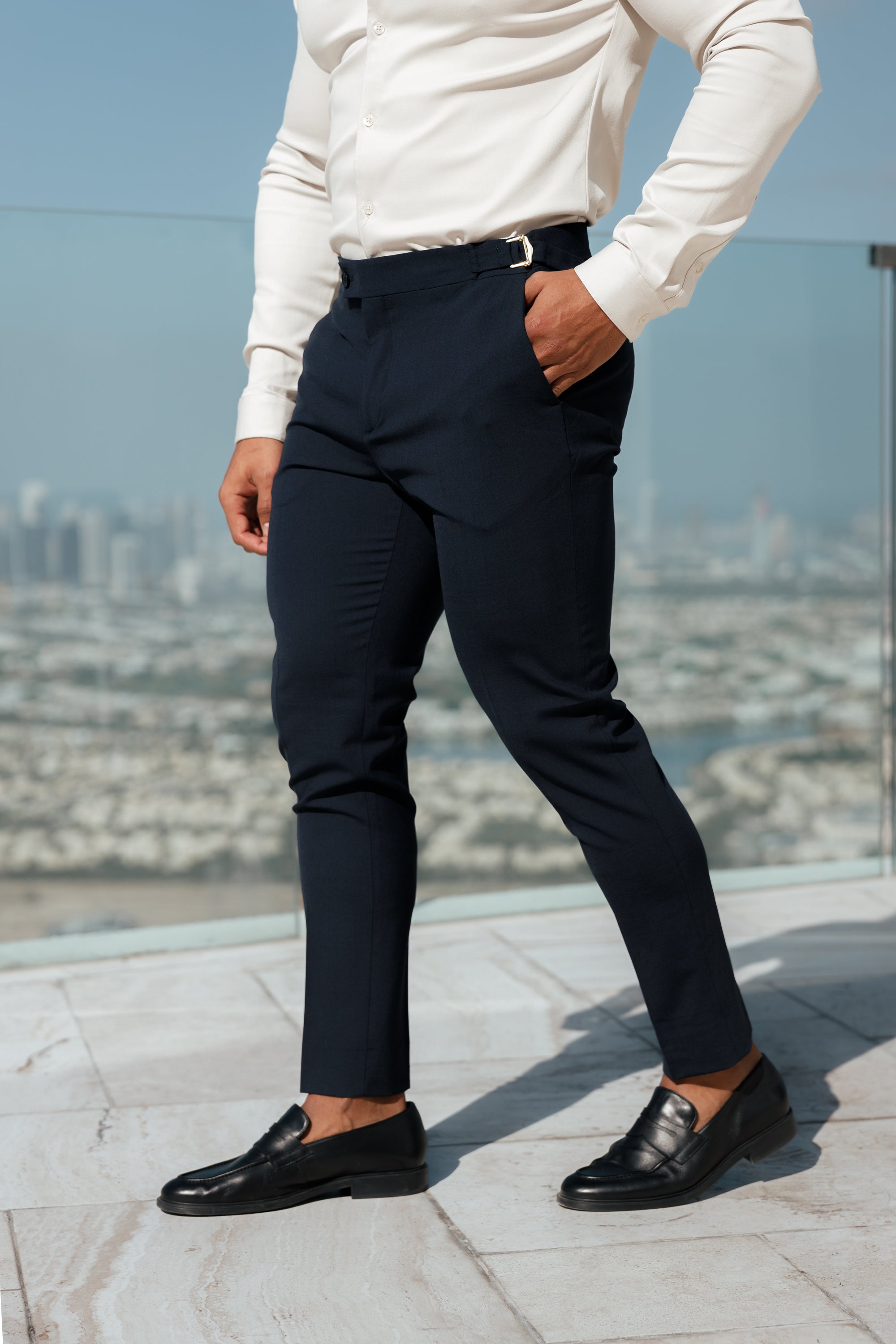 Slim Formal Navy Stretch Trousers With Gold Waist Adjusters - FST016