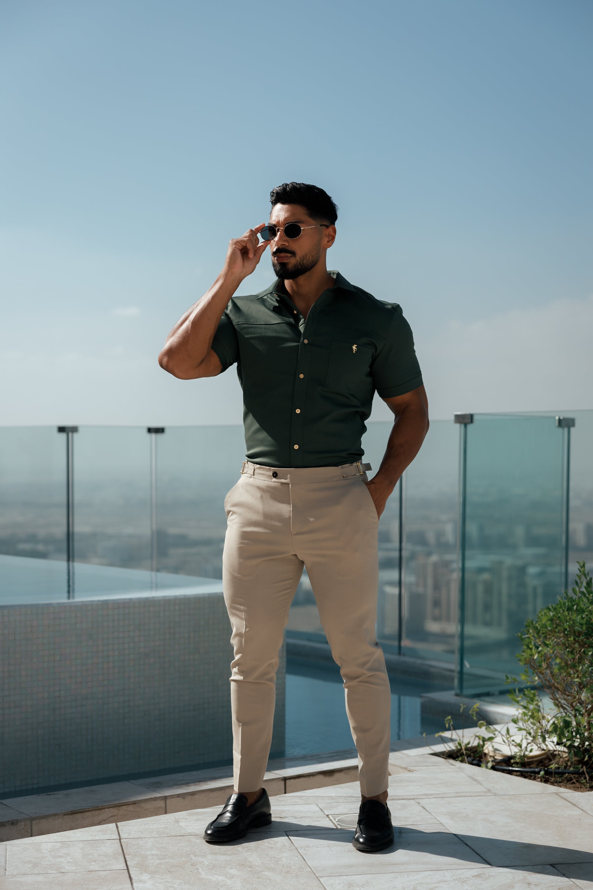 Slim Formal Beige Stretch Trousers With Gold Waist Adjusters - FST017