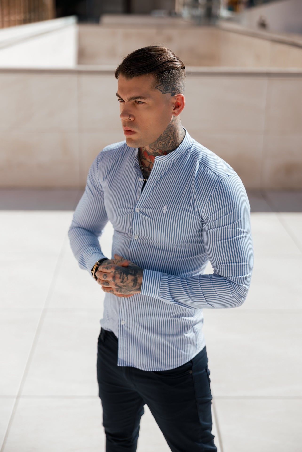 Super Slim Stretch LS Navy & White Stripe with Grandad Collar - FS1113