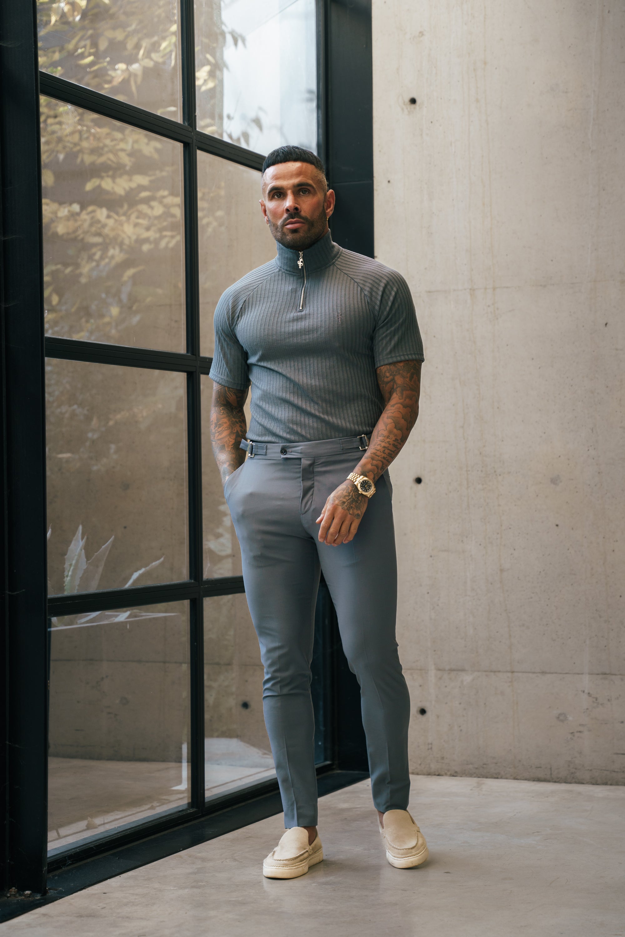 Classic Charcoal Ribbed Zip Funnel Neck Raglan Short Sleeve Crew - FSH1288