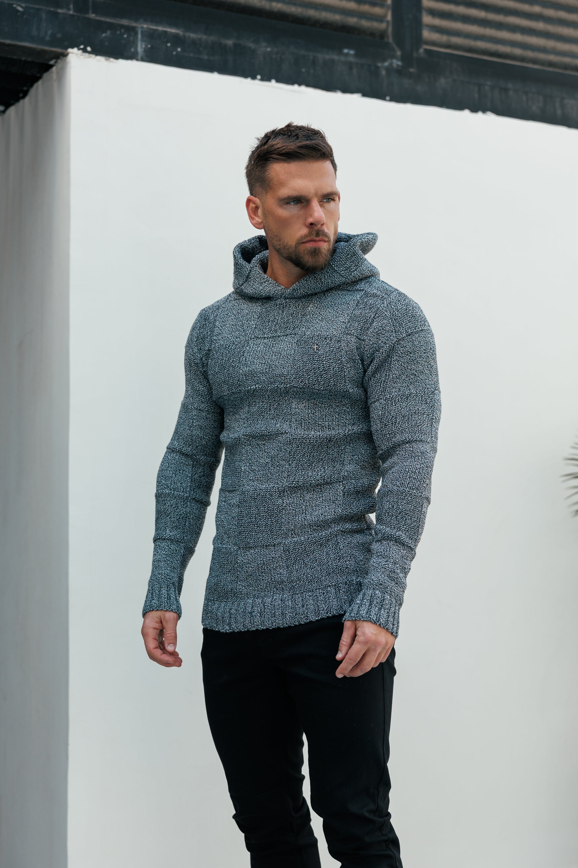 Black / White Two Tone Checkerboard Knitted Hoodie - FSJ134