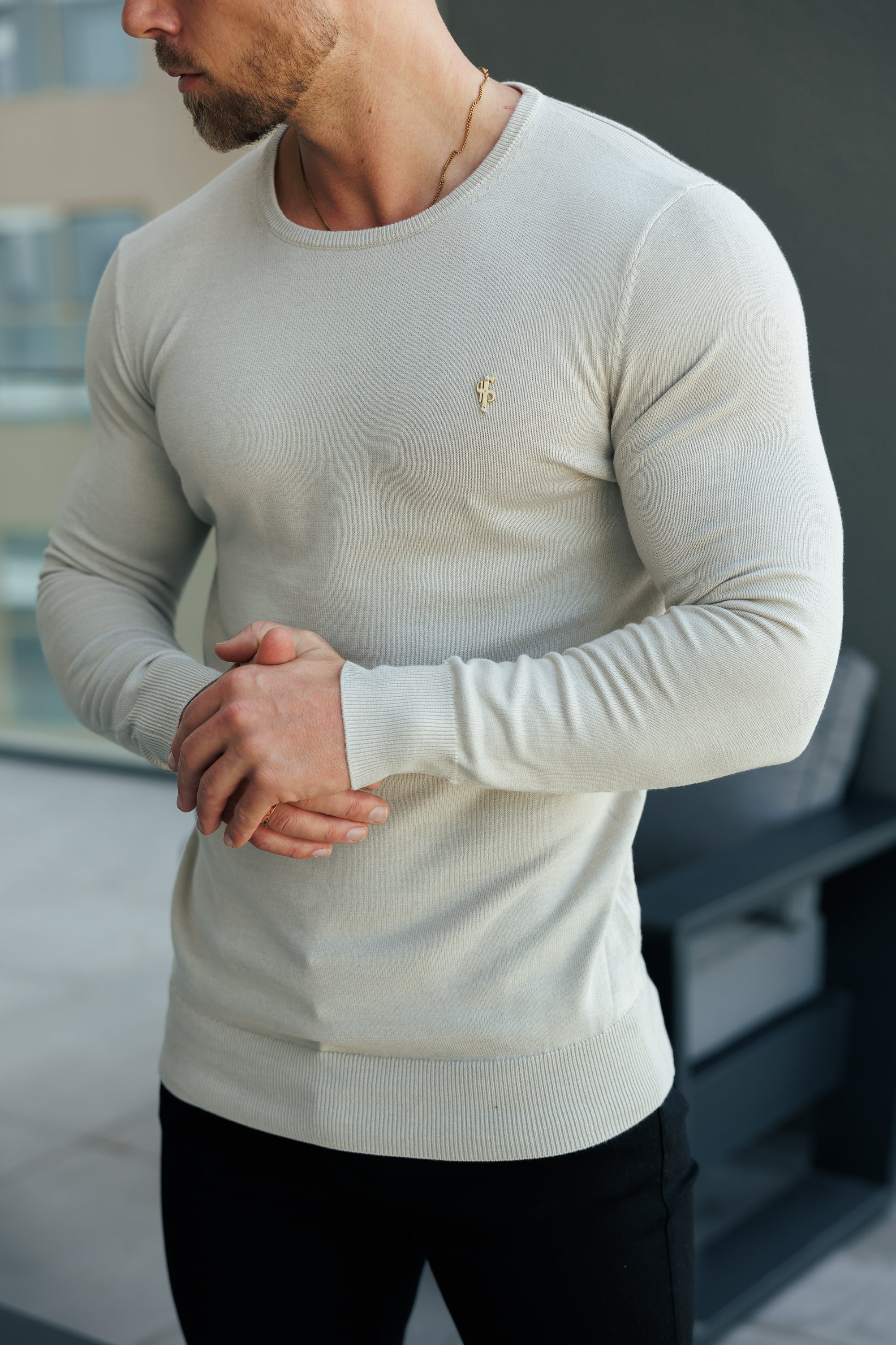 Beige Crew Neck Knitted Jumper With FS Branding - FSN195