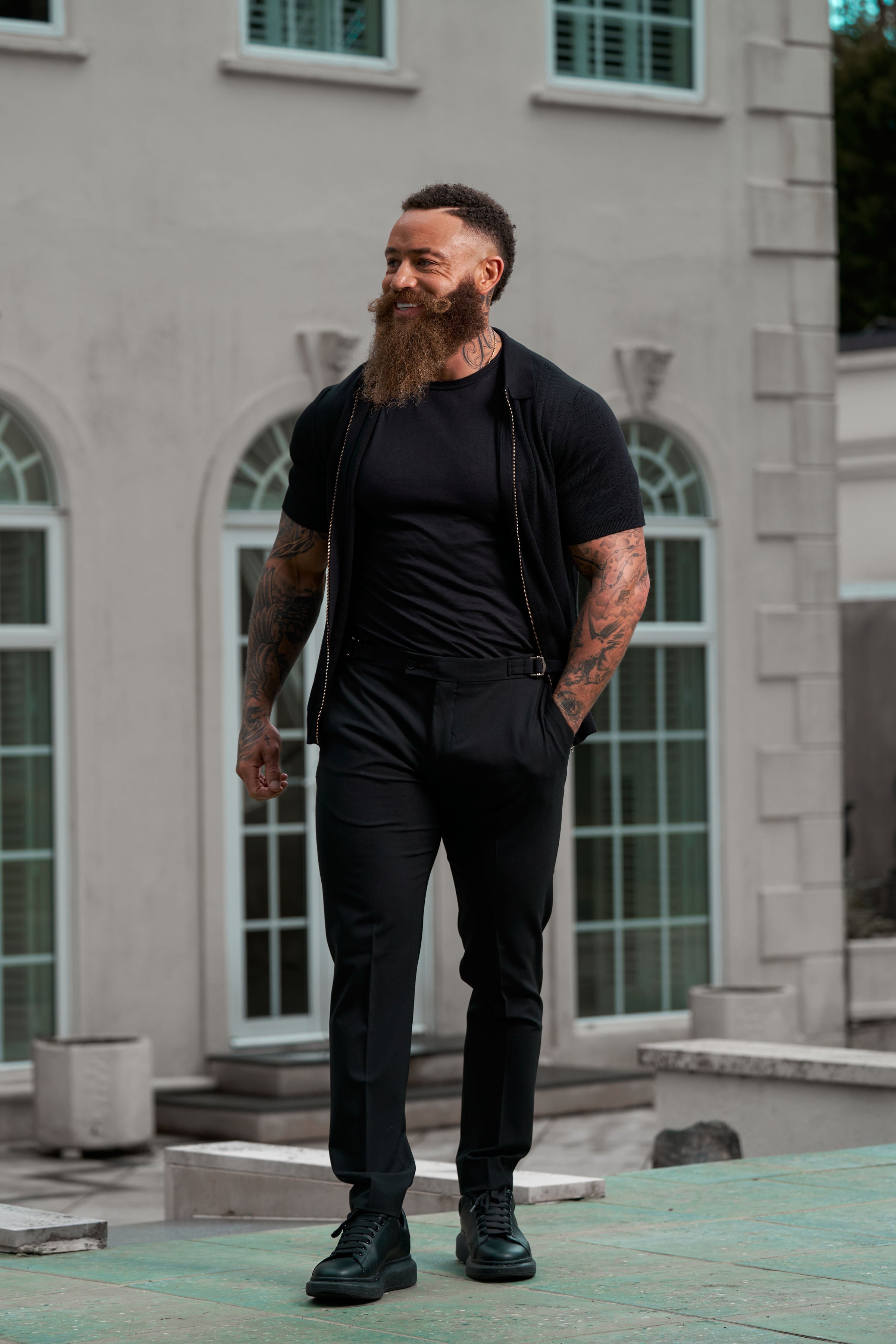 Classic Knitted Geo Design With Full Length Zip Black Short Sleeve - FSN147