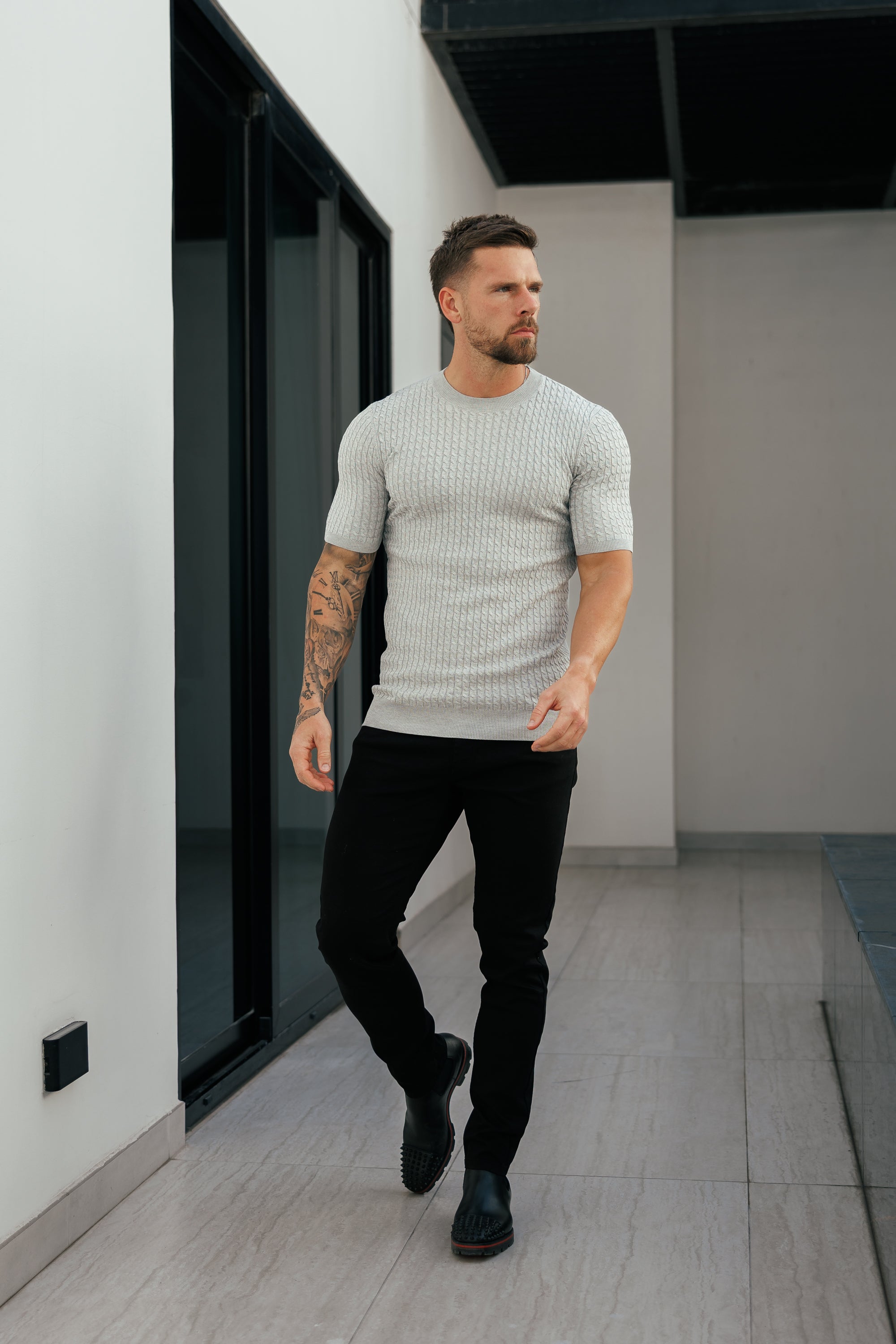 Front Chain Knit Crew Tshirt Silver Grey Short Sleeve - FSR056