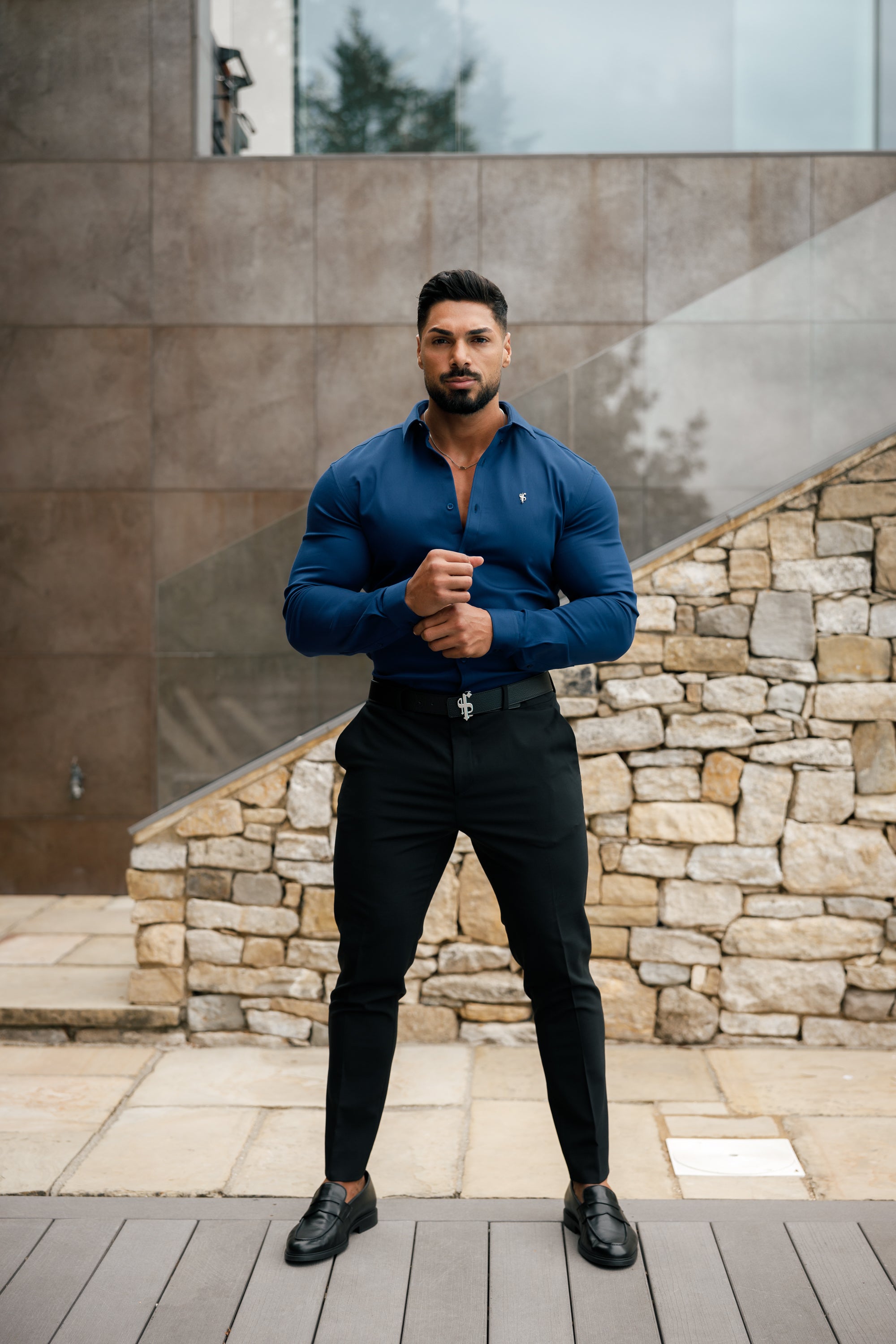 Super Slim Stretch Navy Denim Long Sleeve with Metal Decal Emblem - FS636