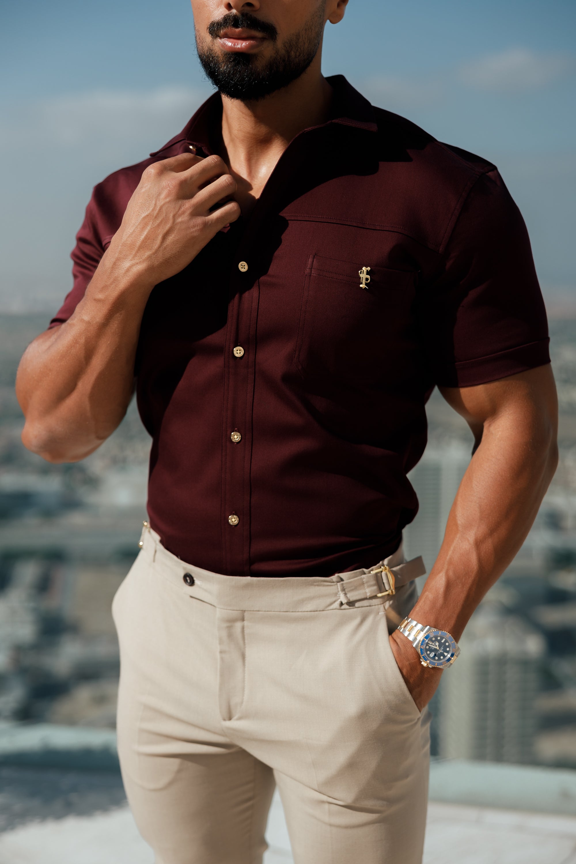 Super Slim Stretch Burgundy Denim Short Sleeve with Horizontal Seam and Pocket- FS961