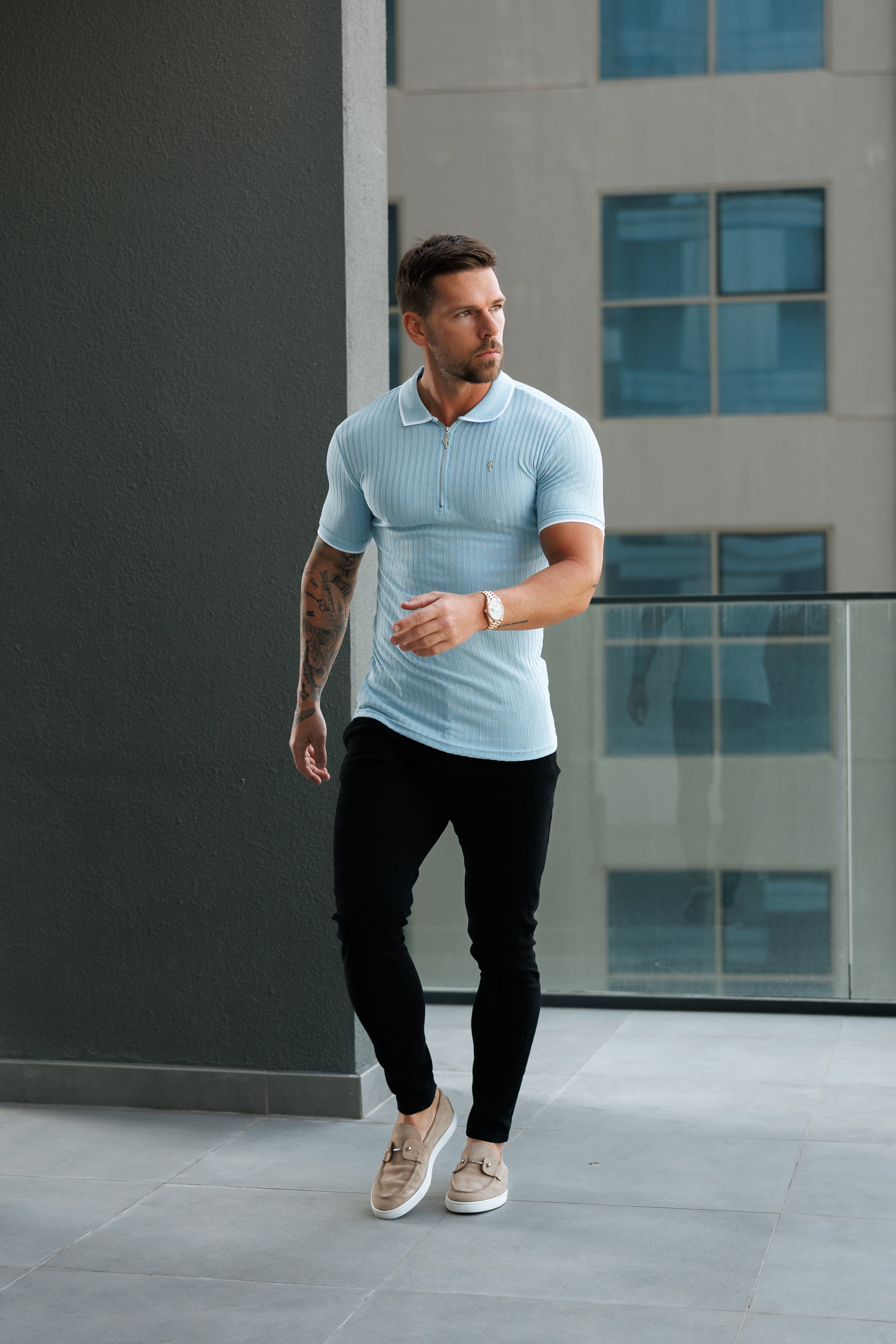 Classic Powder Blue Ribbed Zip Polo with Contrast Short Sleeve - FSH1106