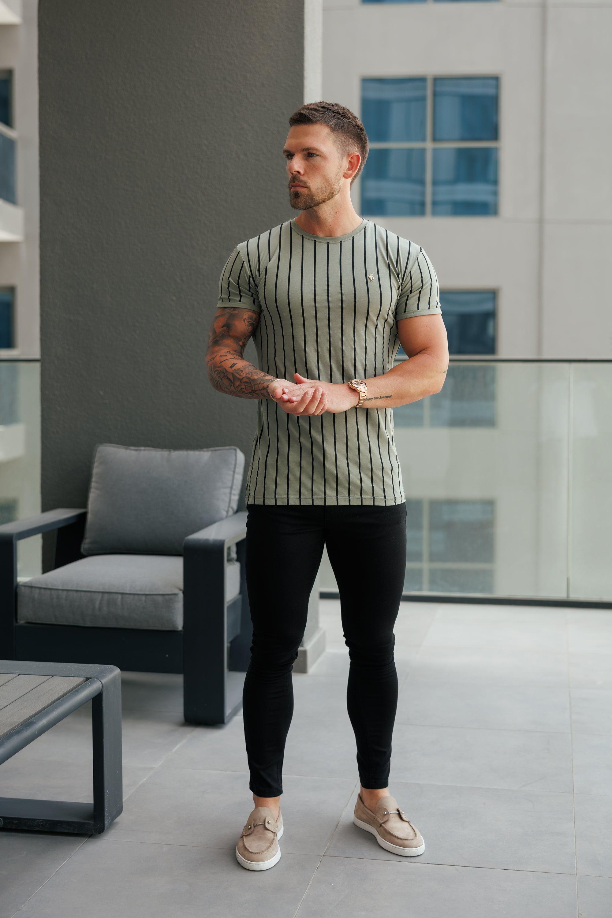 Printed Olive / Black Stripe Fitted T Shirt - FSH1374