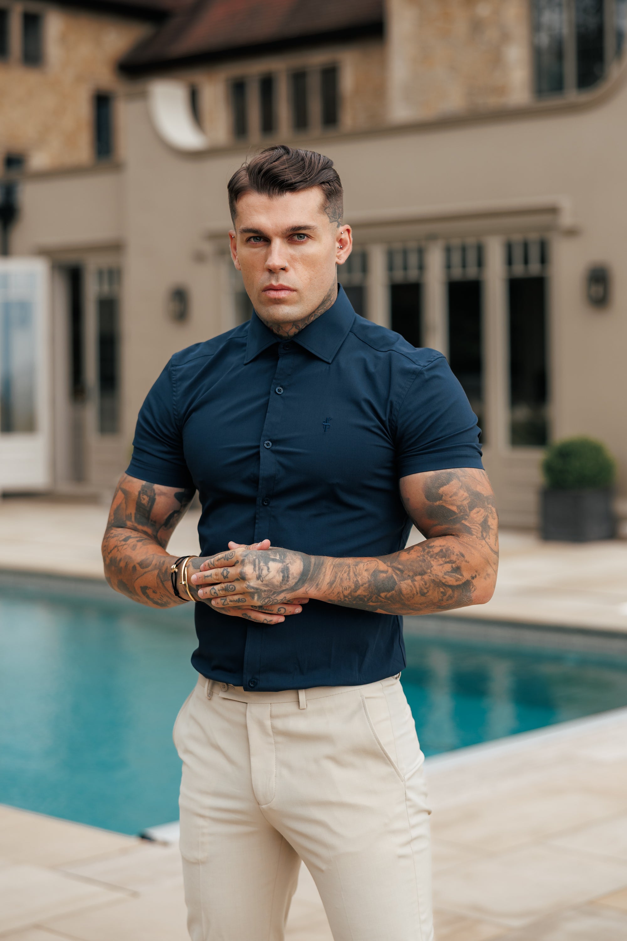 Muscle Fit Advanced Stretch Navy Short Sleeve with Cutaway Collar - FS1163