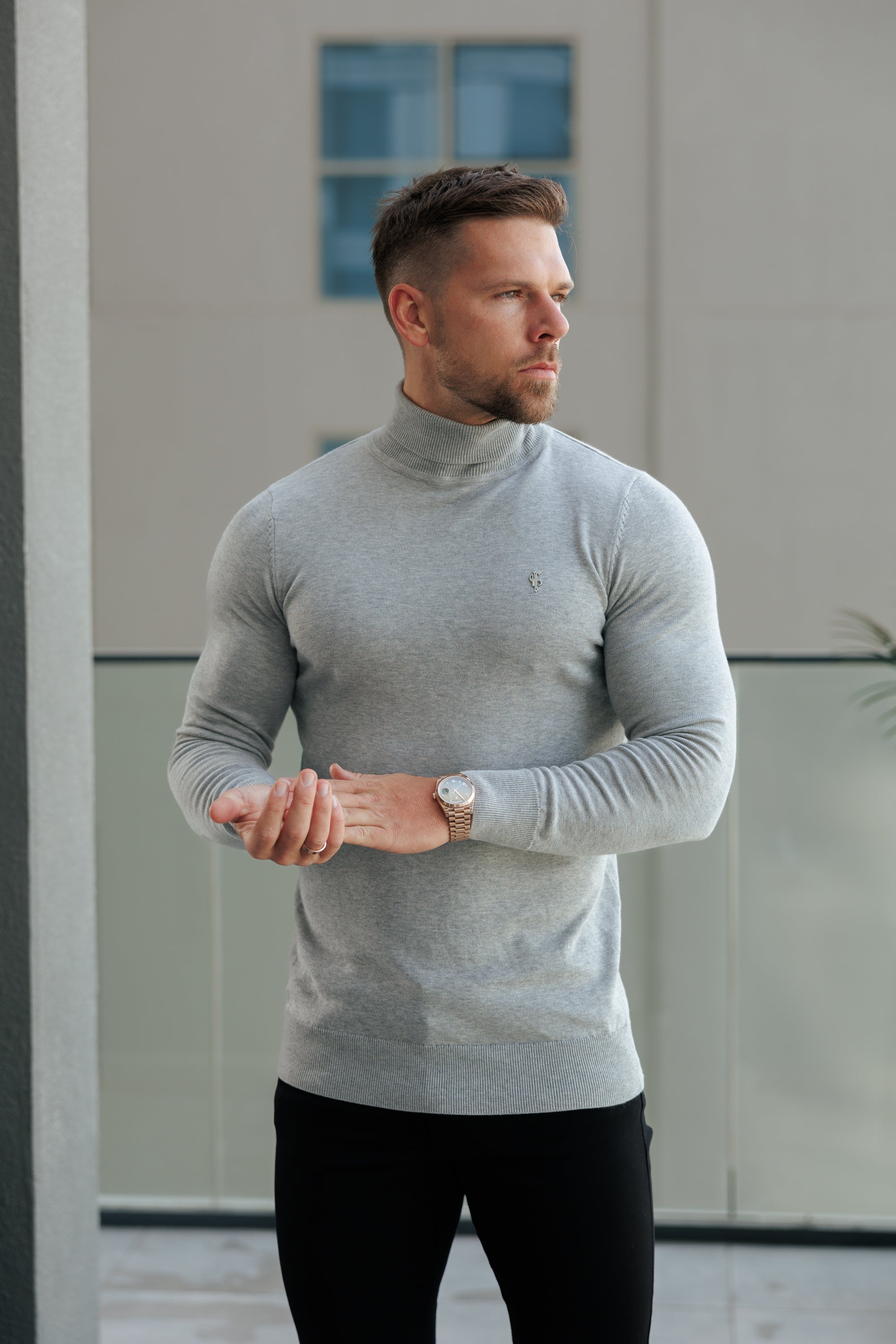 Light Grey Roll Neck Knitted Jumper With FS Branding - FSN208