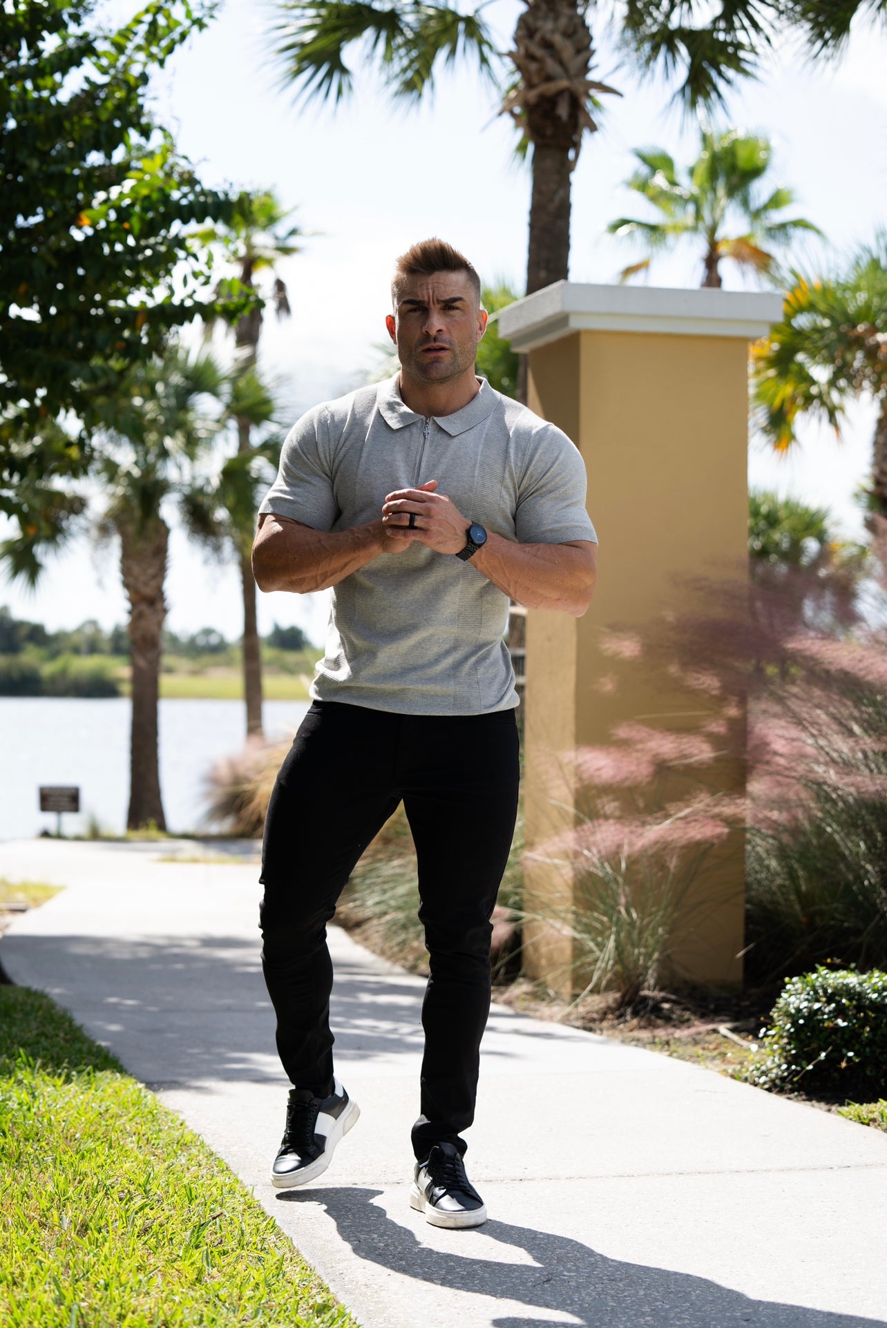 Classic Grey Marl and Silver Zip Knitted Polo Shirt Short Sleeve - FSN132