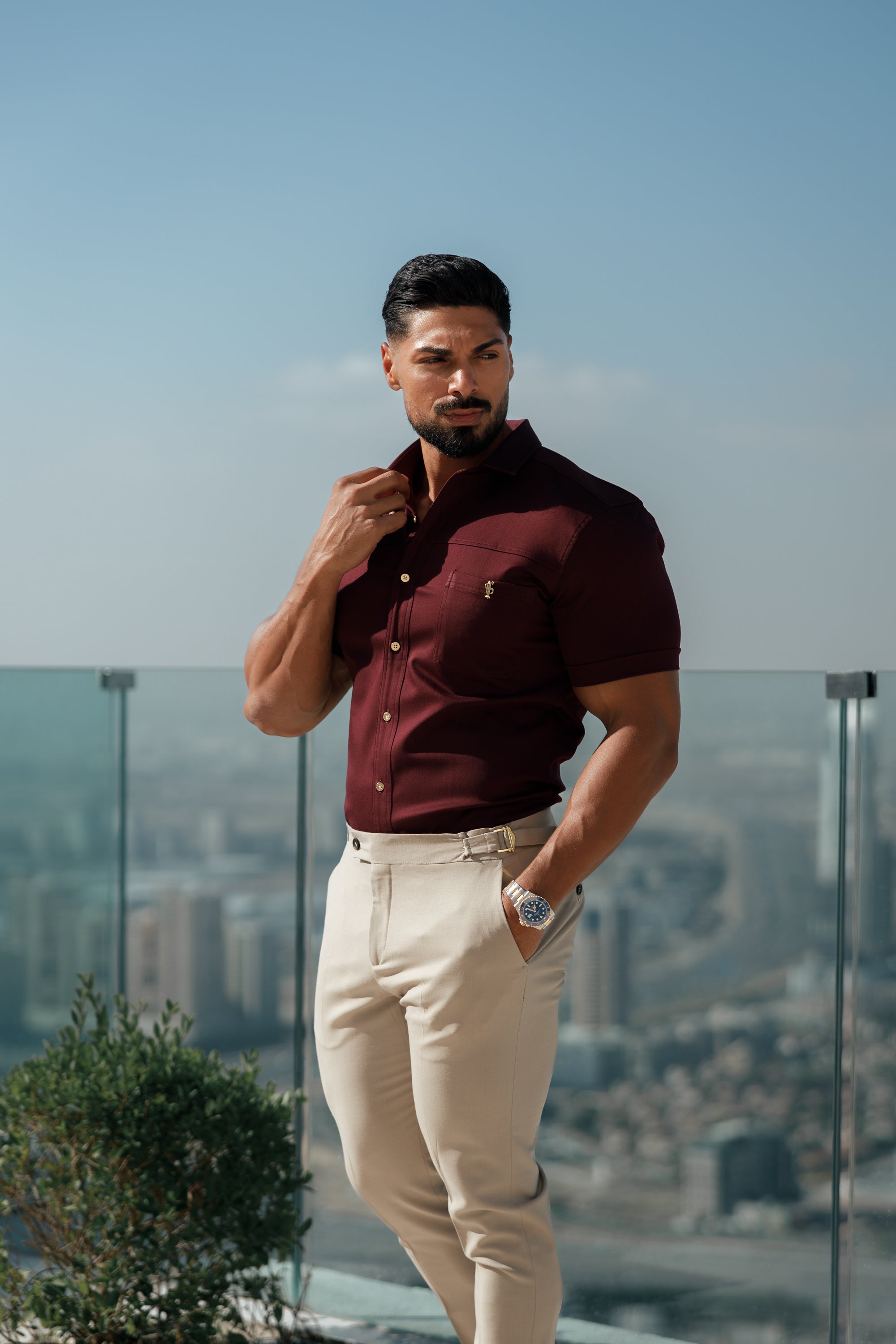 Super Slim Stretch Burgundy Denim Short Sleeve with Horizontal Seam and Pocket- FS961