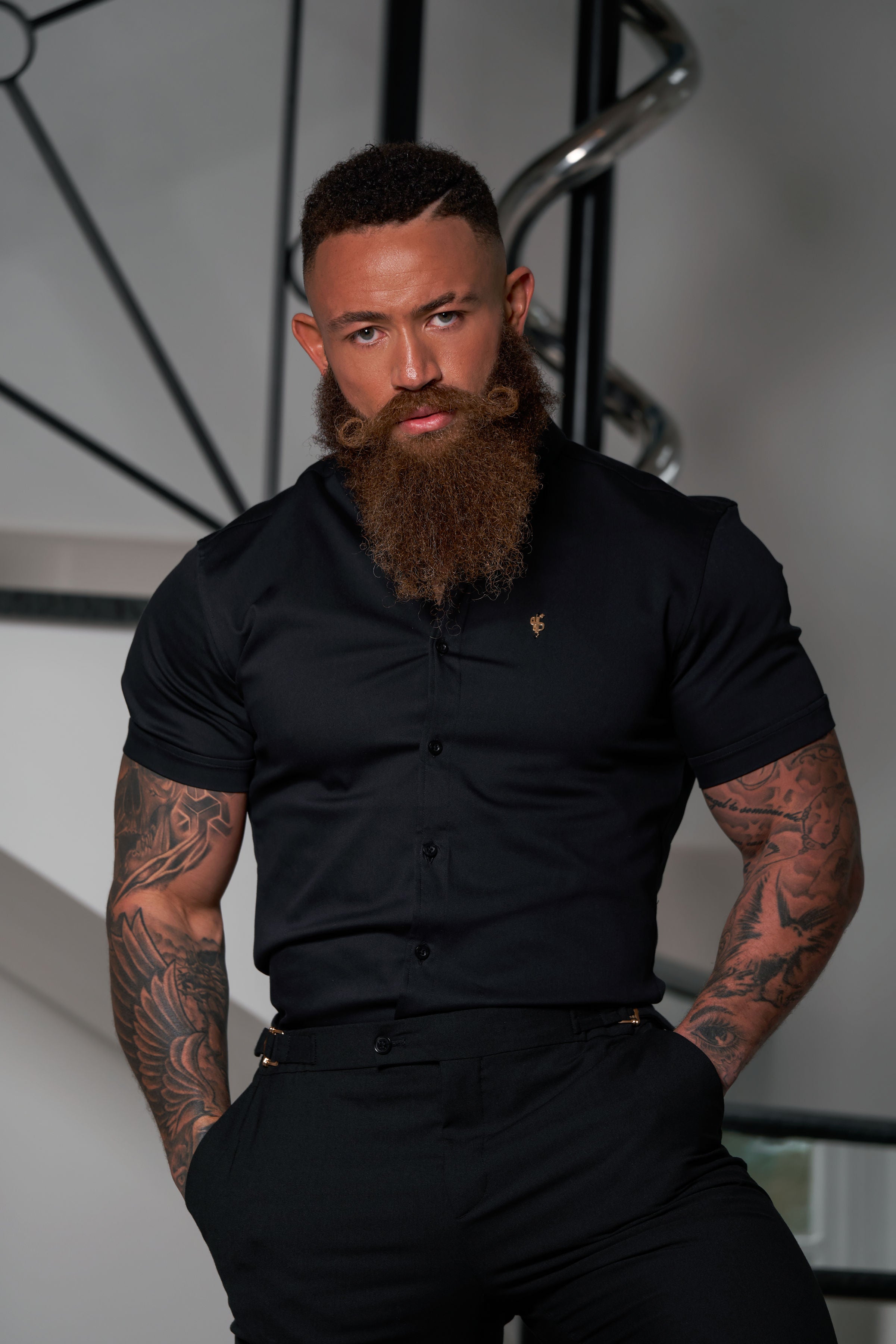 Slim Formal Black Stretch Trousers With Gold Waist Adjusters - FST036