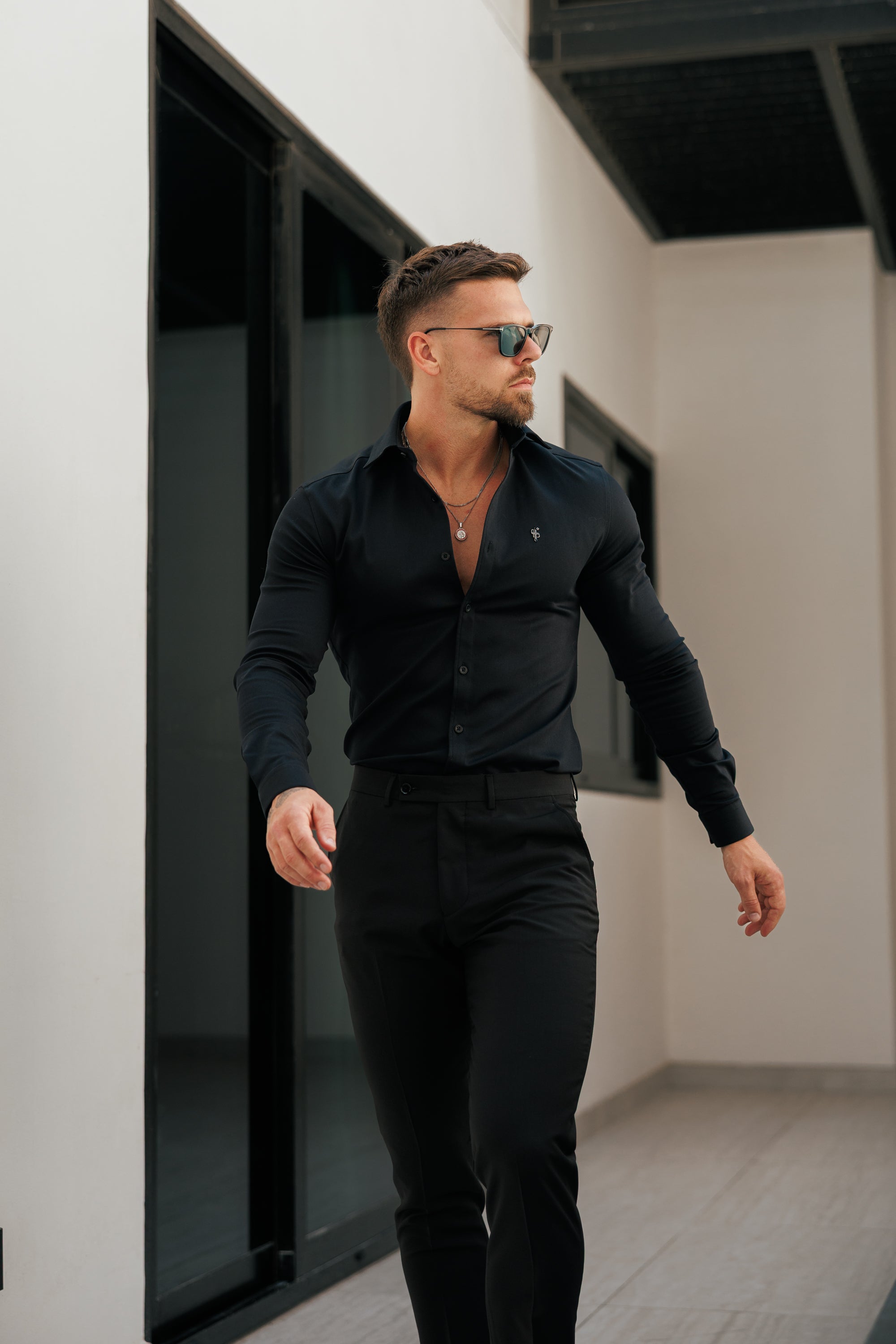 Super Slim Stretch Black Denim Long Sleeve with Gunmetal Metal Decal and Cutaway Collar - FS1169