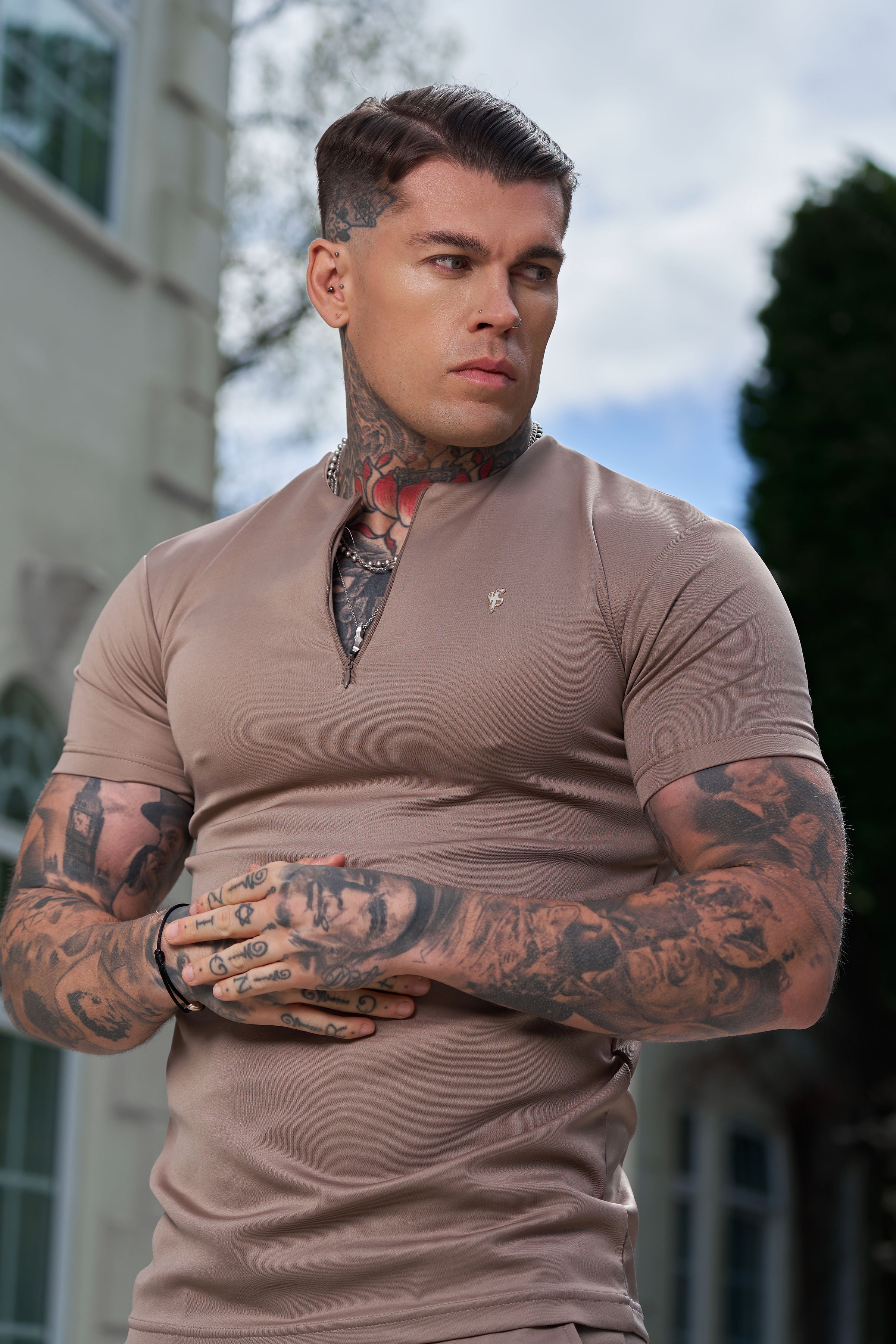 Scuba Taupe / Gold Crew T Shirt With Zip Detail Short Sleeve - FSH1030