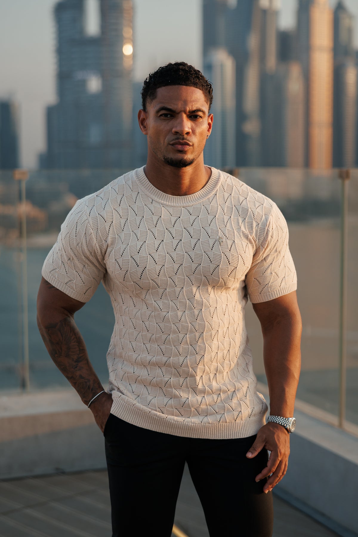 Beige Wave Weave Knit Short Sleeve Sleeve T-Shirt - FSJ171