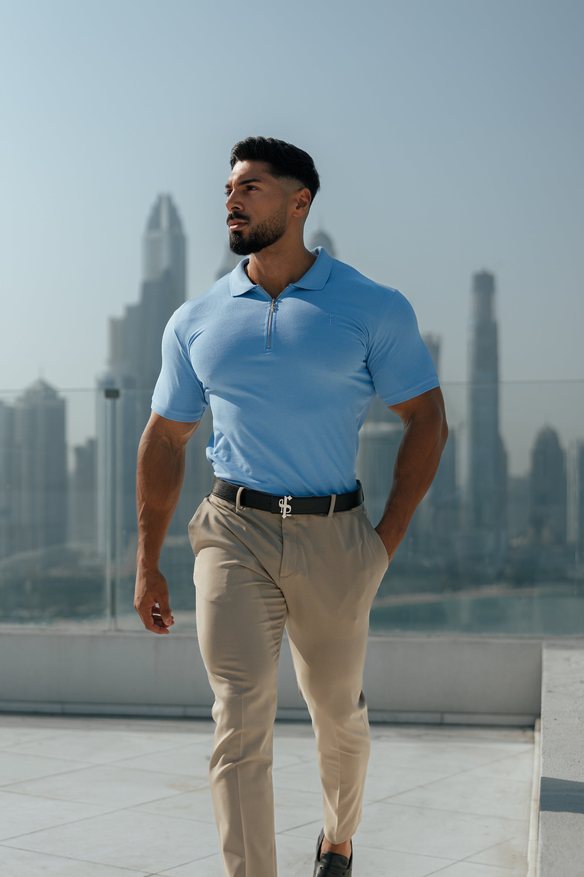 Classic Light Blue and Silver Zipped Polo Shirt - FSH856
