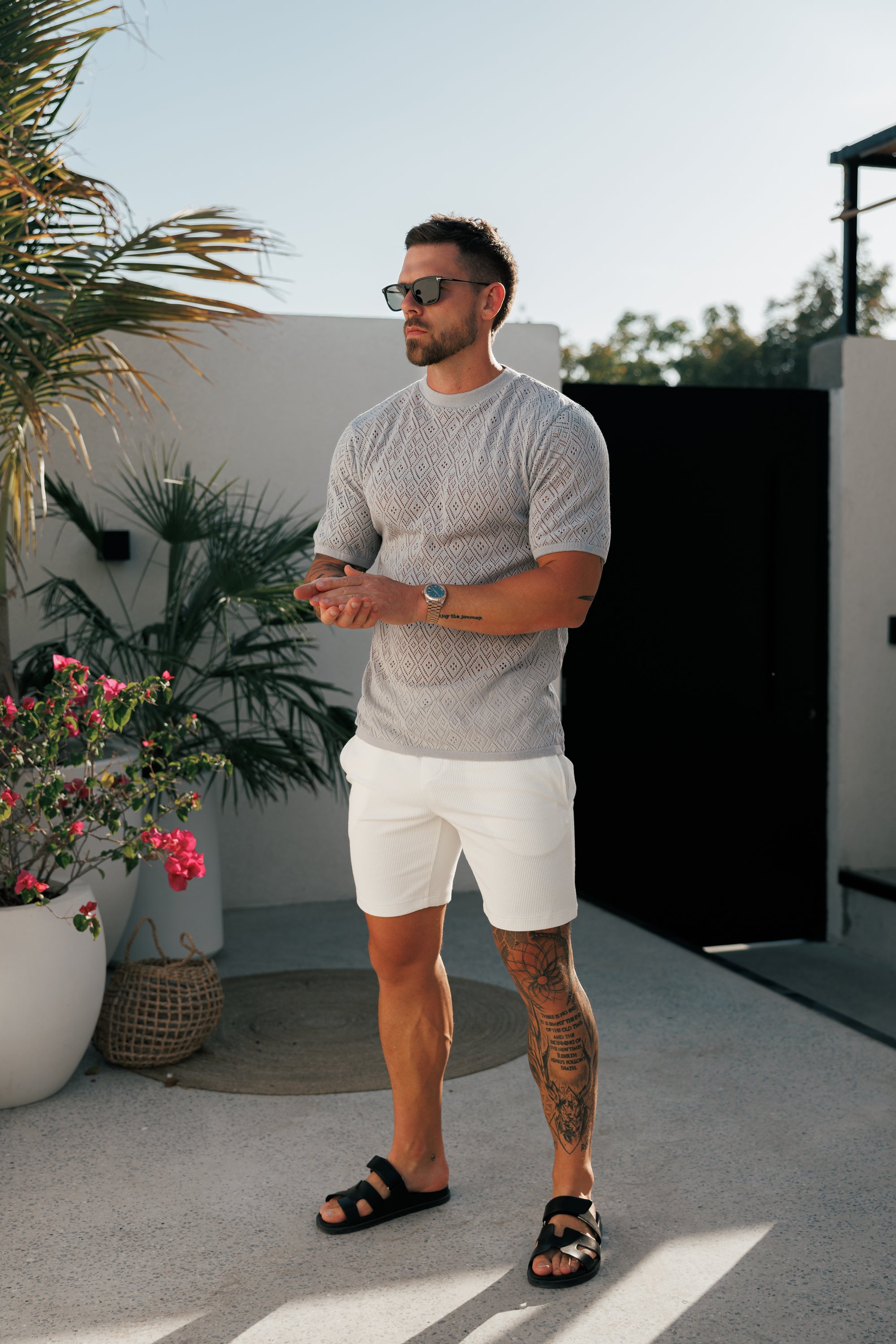 Crochet Crew T-Shirt Cop Grey Short Sleeve - FSJ093