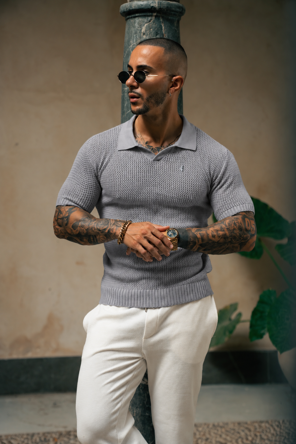 Charcoal / Silver Plain Crochet Knitted Revere Short Sleeve Polo - FSJ182