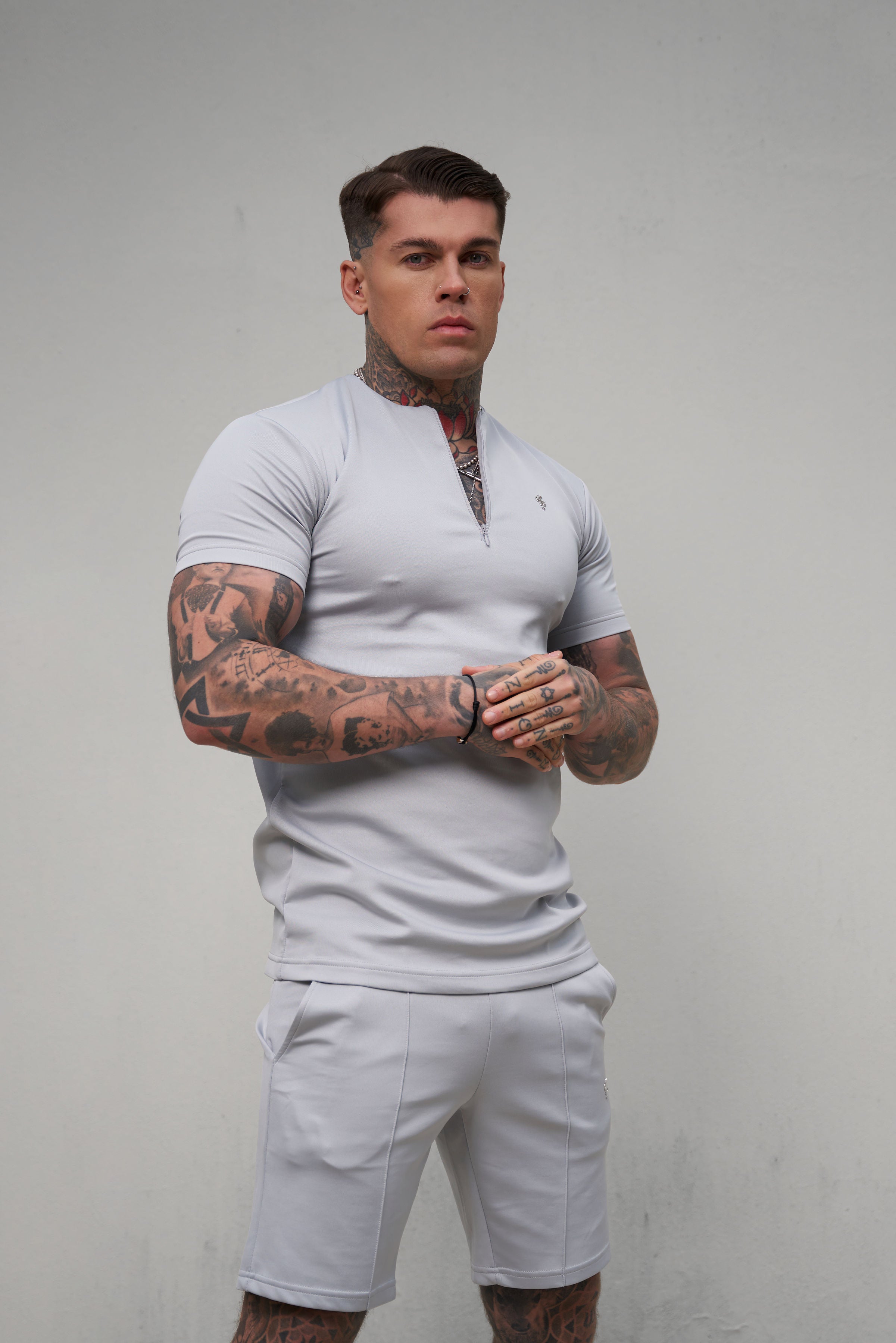 Scuba Light Grey / Silver Crew T Shirt With Zip Detail Short Sleeve - FSH1034