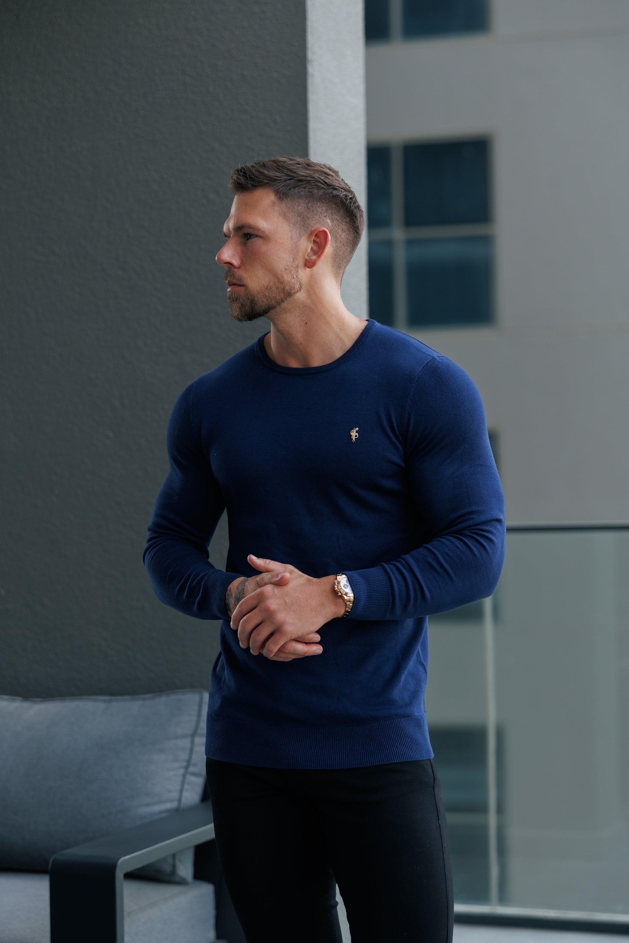 Navy Crew Neck Knitted Jumper With FS Branding - FSN197
