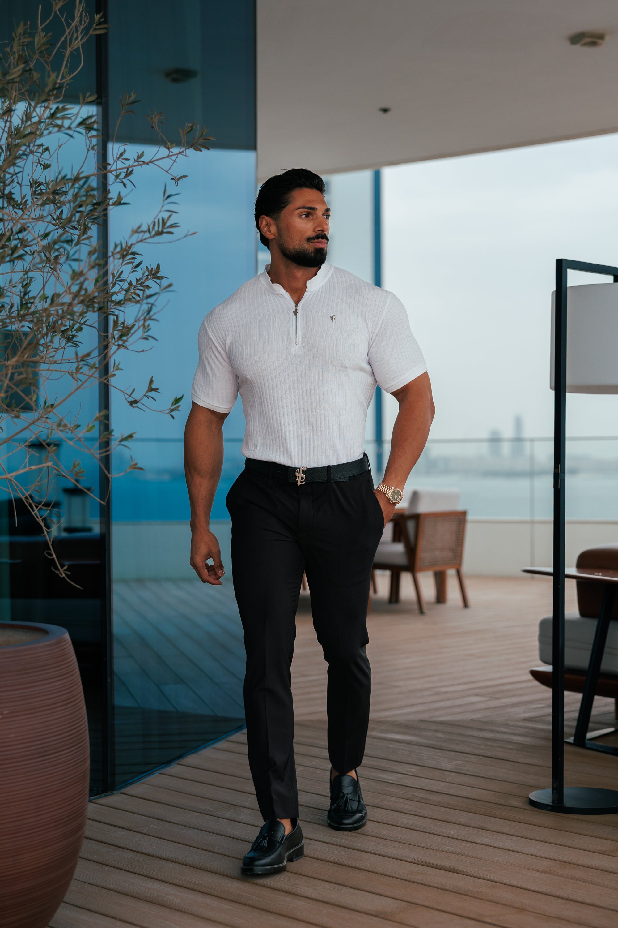 Classic White / Silver Ribbed Zip Grandad Collar Shirt Short Sleeve - FSH1447