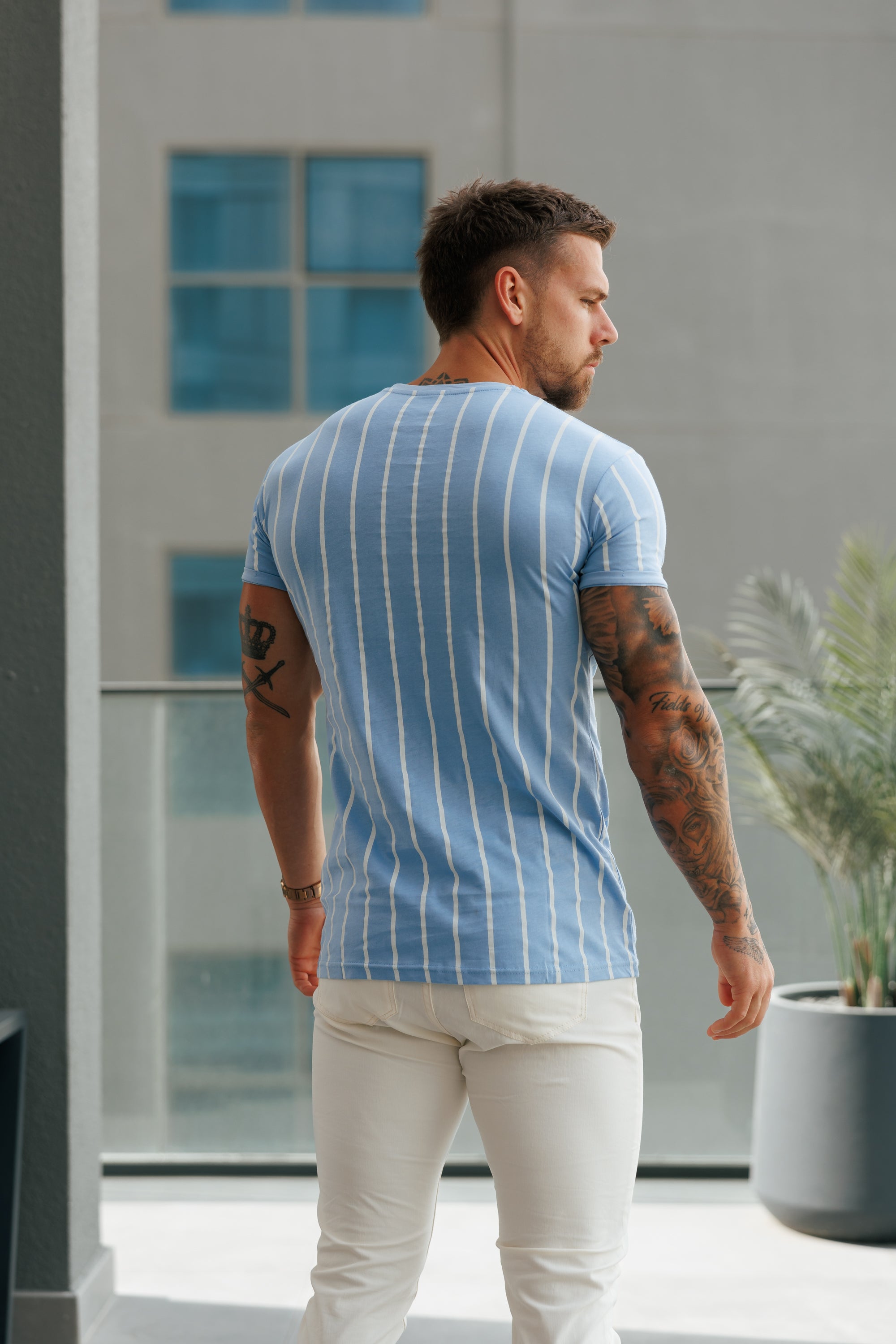 Printed Light Blue / White Stripe Fitted T Shirt - FSH1169