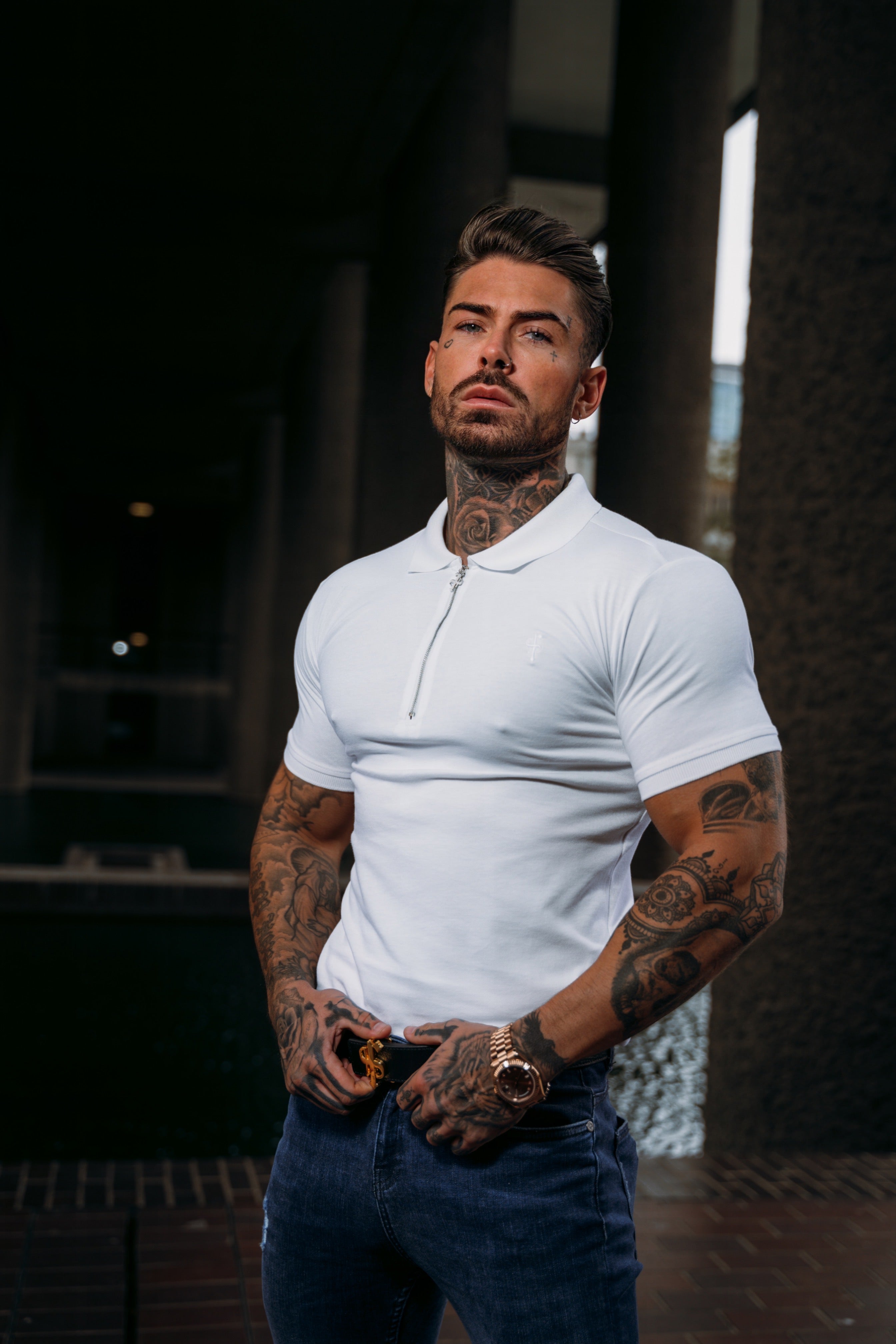 Classic White and Silver Zipped Polo Shirt - FSH853