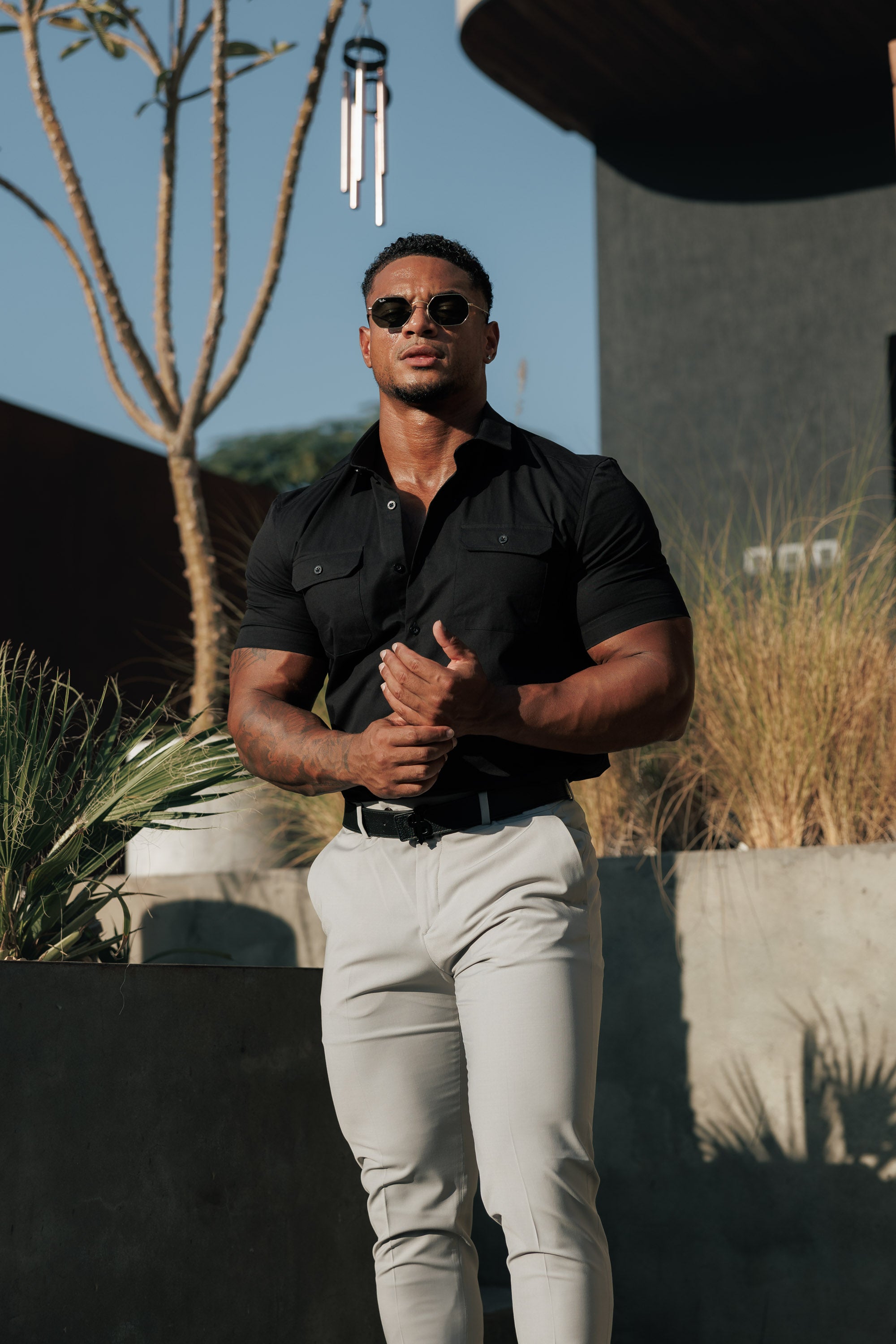 Boxy Stretch Black Short Sleeve With 2 Chest Pockets ad Flaps- FS1097