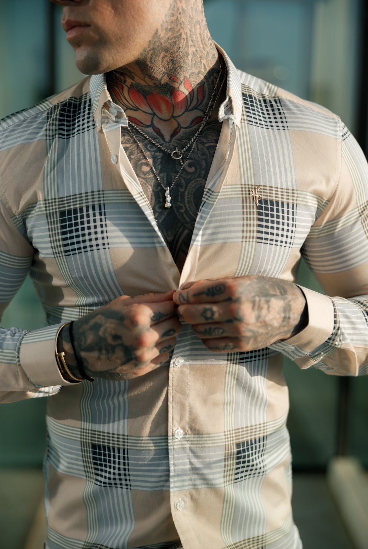 Super Slim Stretch Peach / Grey Check Print Long Sleeve with Button Down Collar - FS901