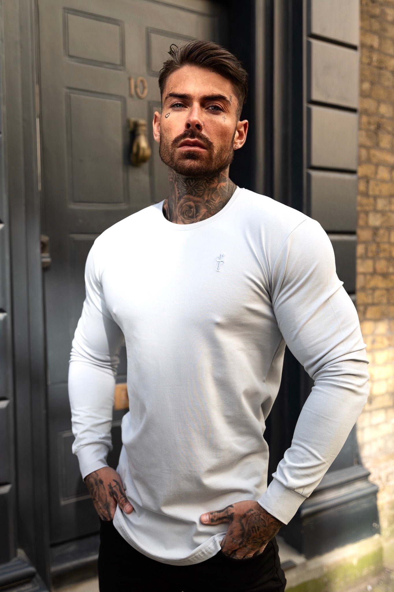Classic Grey Tonal Curved Hem Long Sleeve Crew T Shirt - FSH998