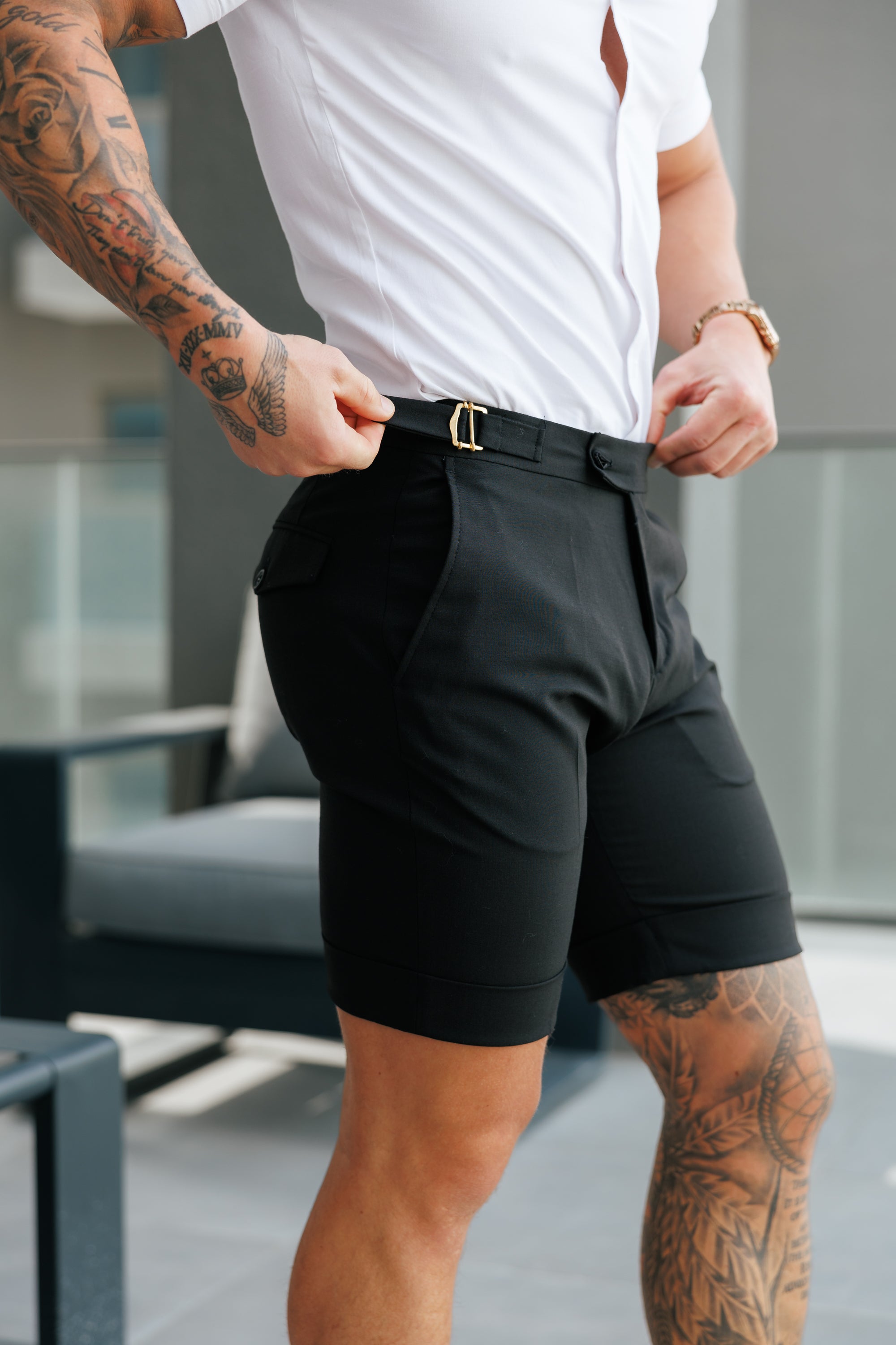 Tailored Black Shorts With Gold Buckle Adjusters - FSTS006