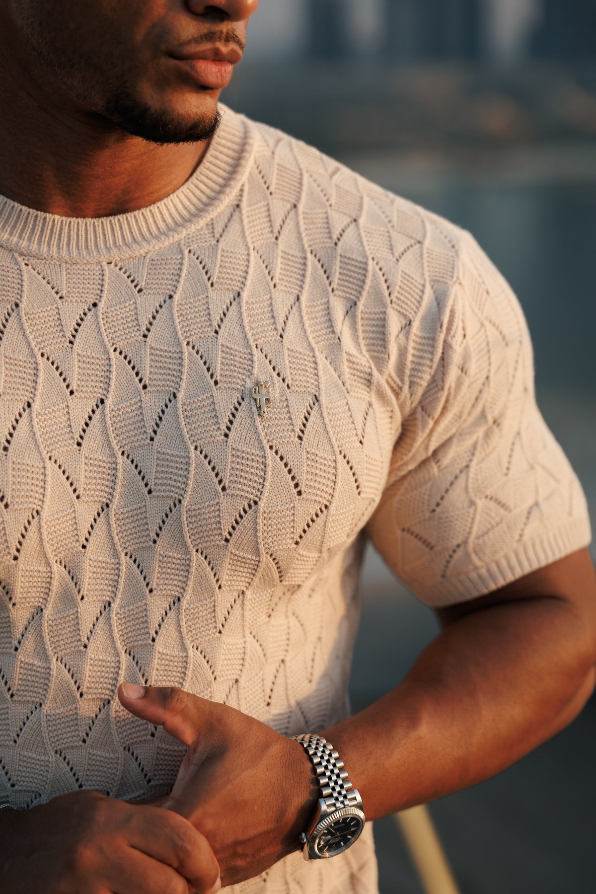 Beige Wave Weave Knit Short Sleeve Sleeve T-Shirt - FSJ171