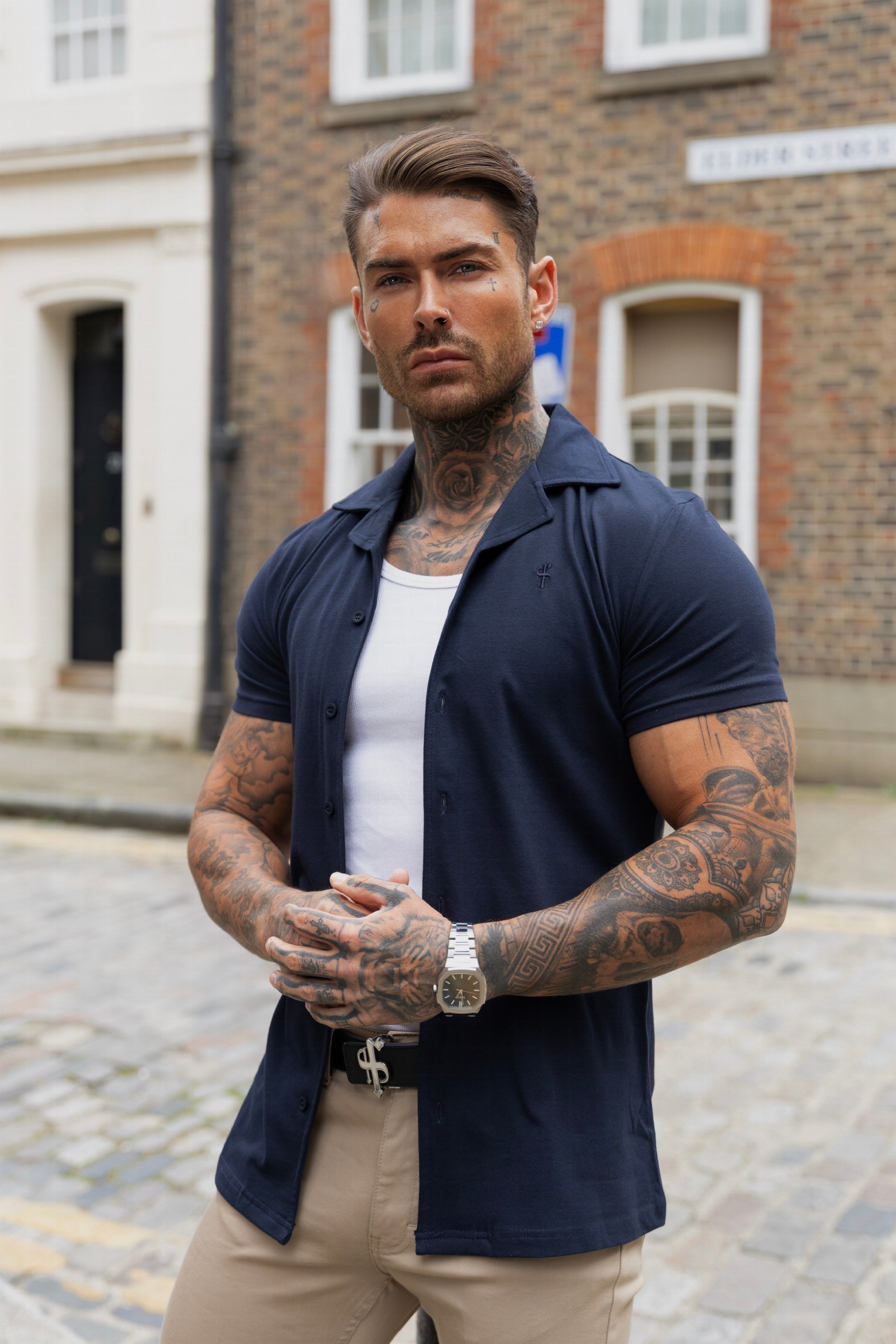 Stretch Navy Pique Revere Shirt Short Sleeve - FSH1069